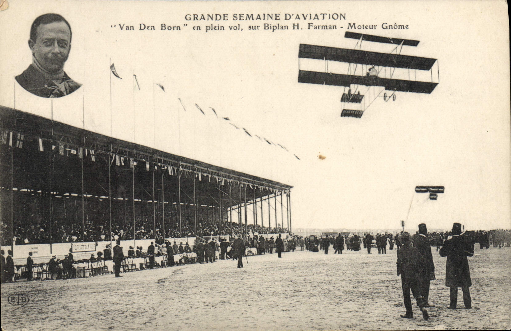 VINTAGE POSTCARD Plane Aviation Great week of aviation Van Den Born in full flight on Driving Farman biplane Gnome