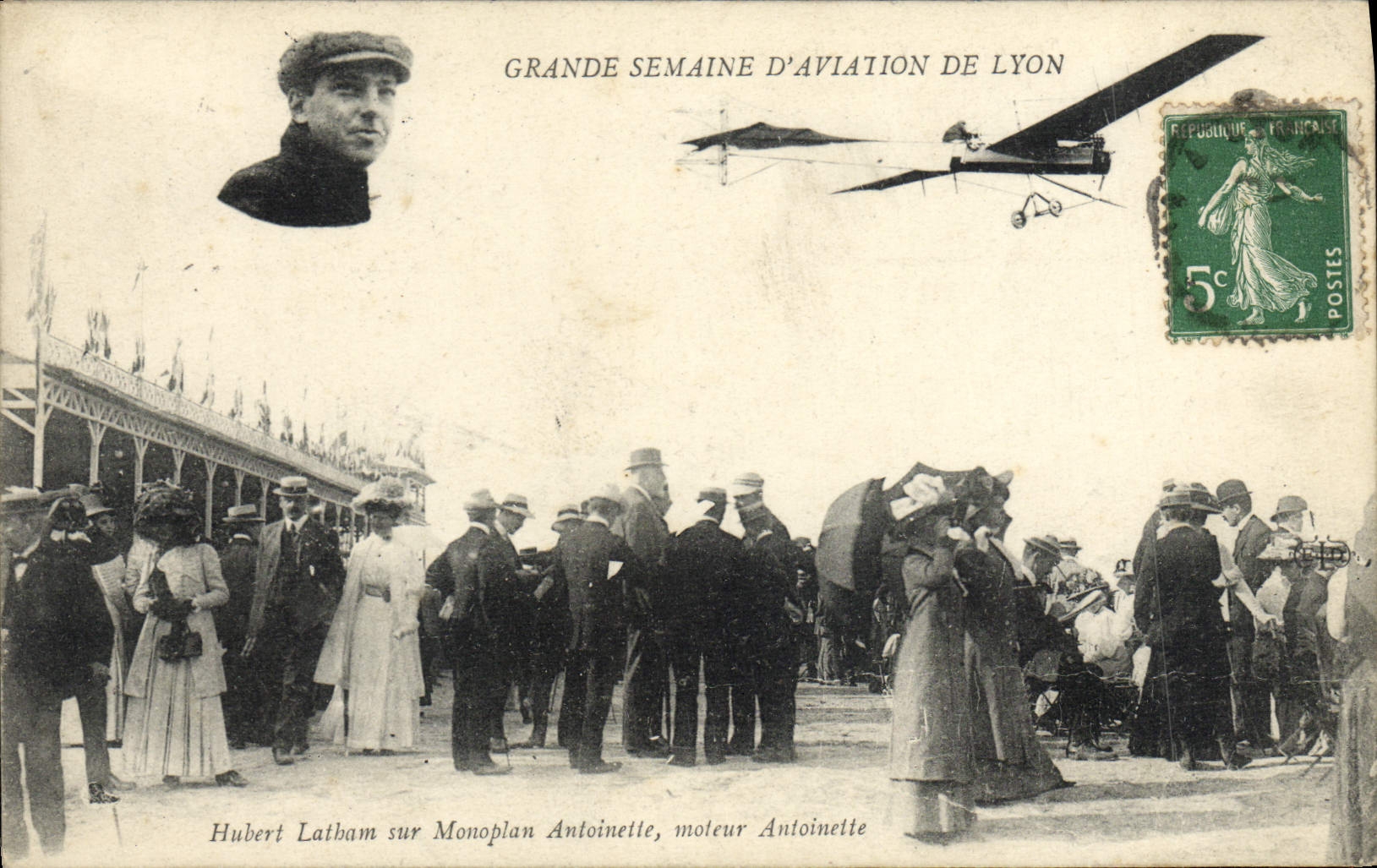 VINTAGE POSTCARD Plane Aviation Great week of aviation of Lyon Hubert Latham on monoplane Antoinette engine Antoinette