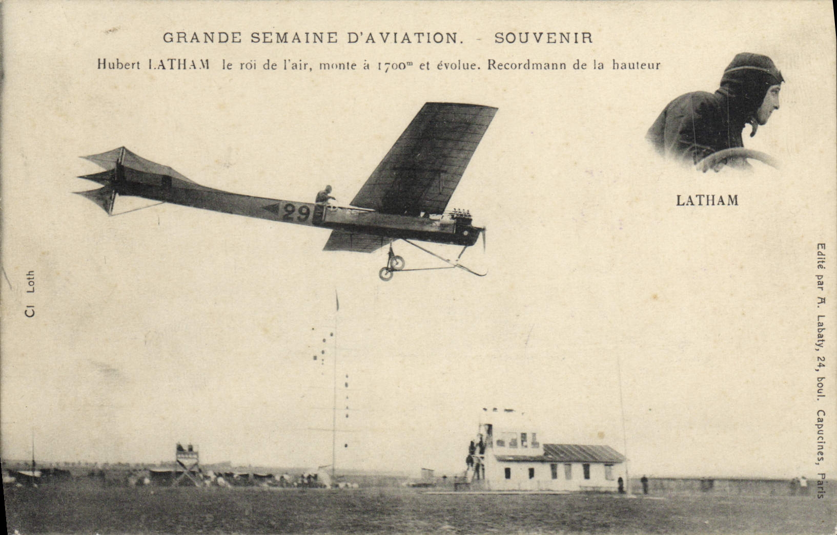 Semana de la aviación del plano de la POSTAL de la VENDIMIA gran de la aviación Huberto Latham el rey de la altura de Recordman del aire