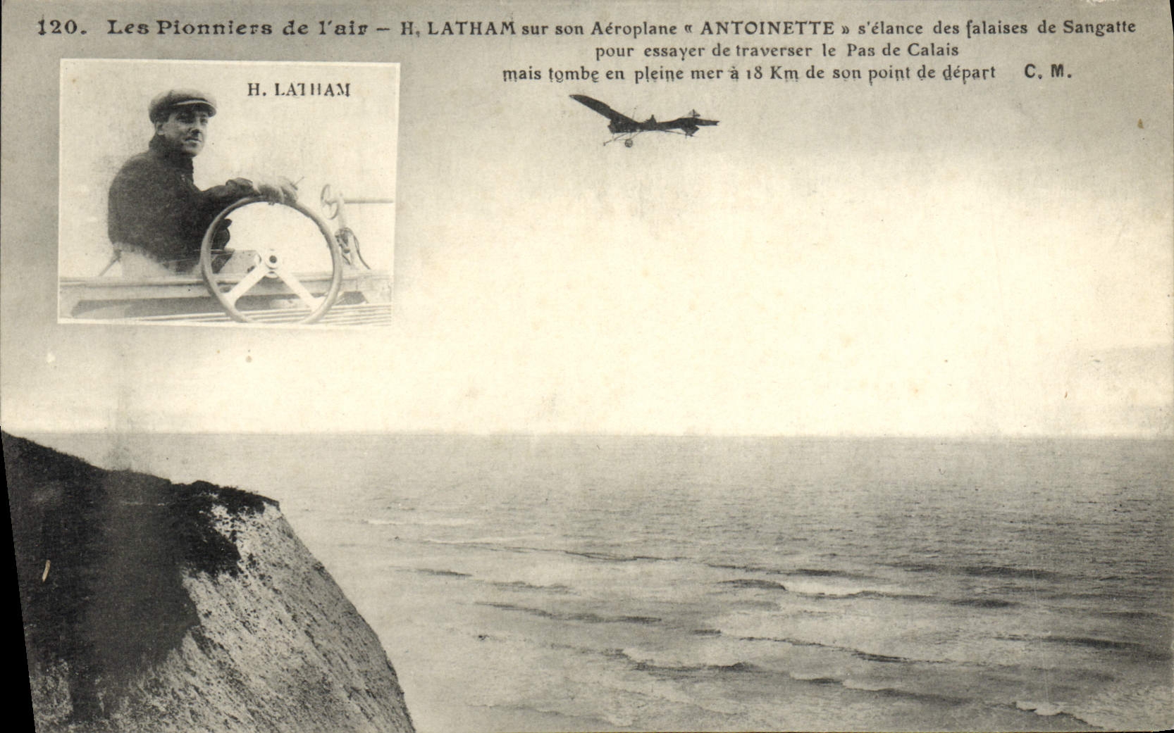 VINTAGE POSTCARD Plane Latham Aviation on airplane Antoinette Falaises of Sangatte
