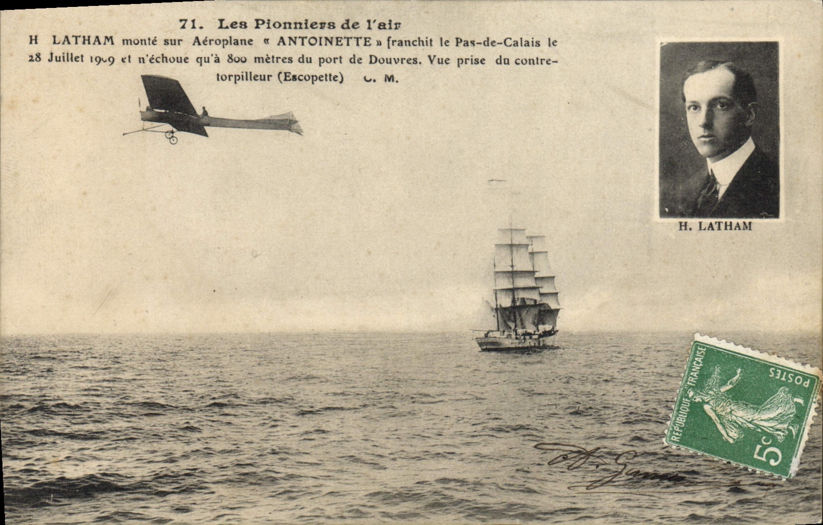 VINTAGE POSTCARD Avion Latham Aviation goes up on Antoinette airplane crosses Pas-de-Calais Dover Torpilleur Escopette