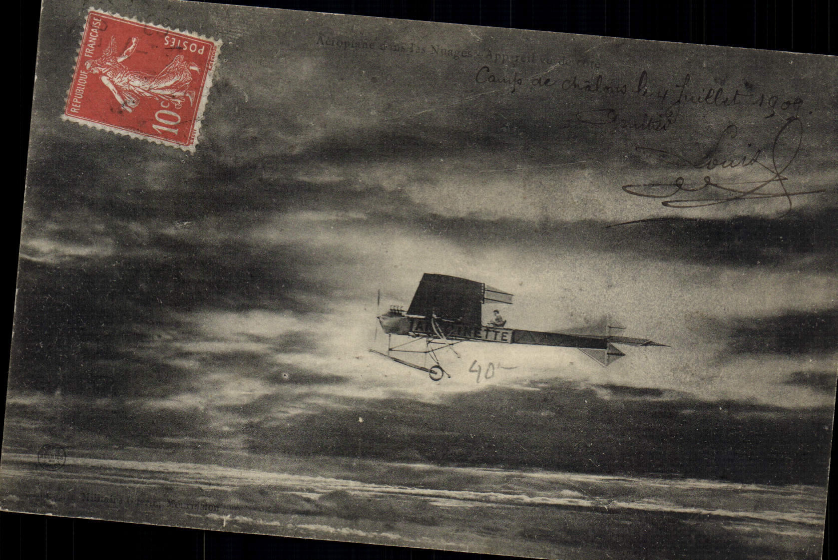 VINTAGE POSTCARD Plane Aviation Airplane in the clouds Antoinette