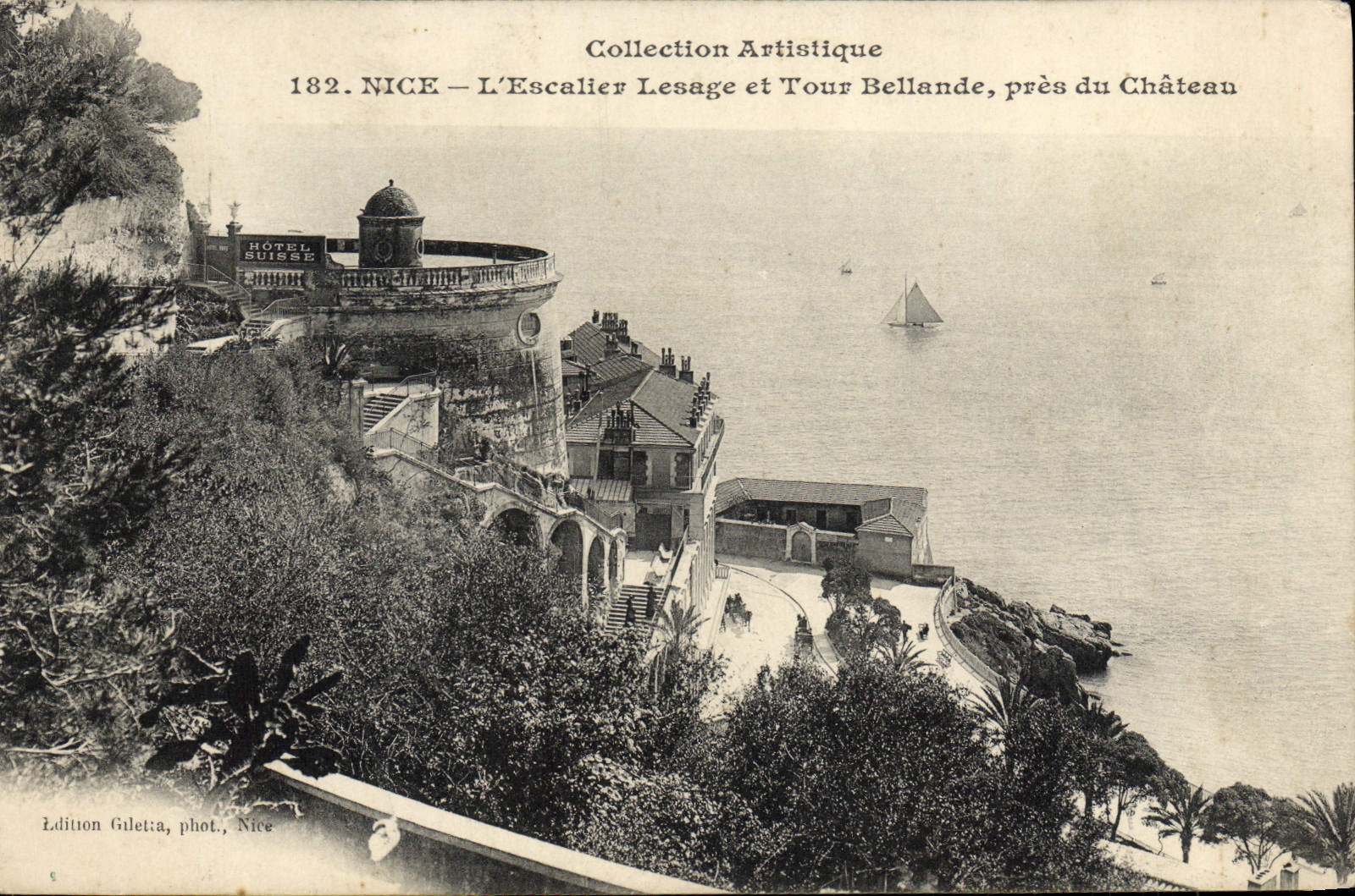 POSTAL de la VENDIMIA Niza la escalera Lesage y viaje Bellande cerca del castillo