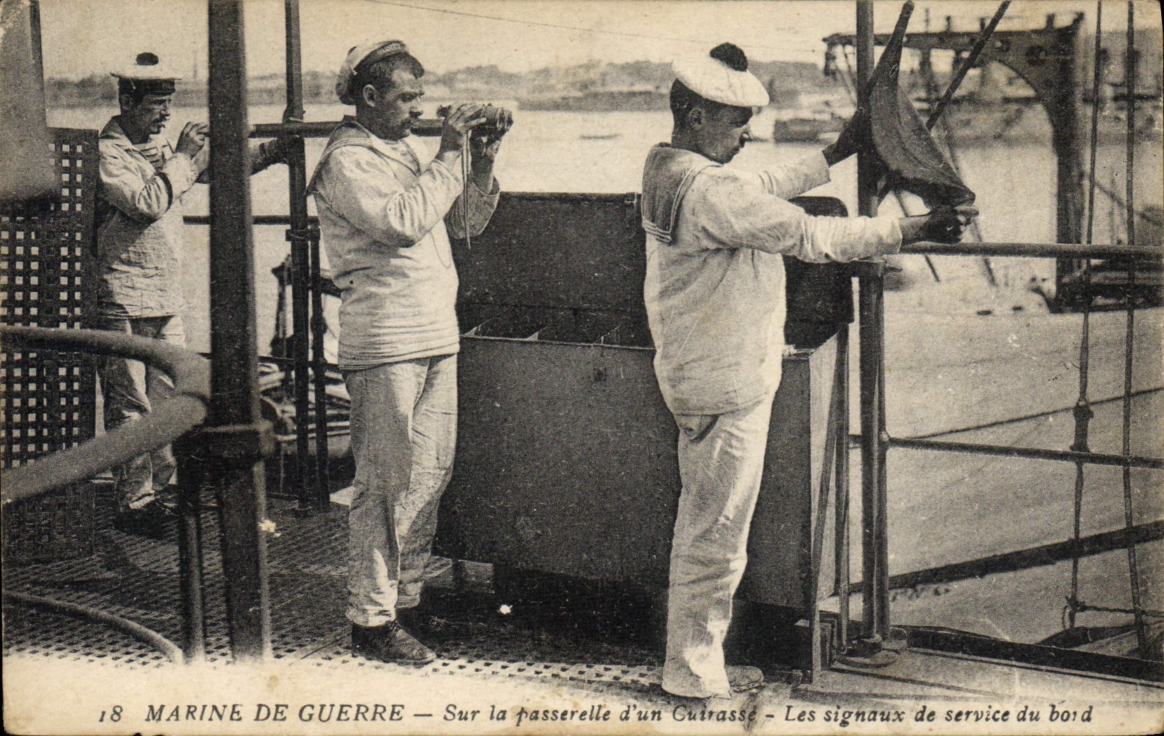VINTAGE POSTCARD Boat On the footbridge of an armor signals of service of the edge