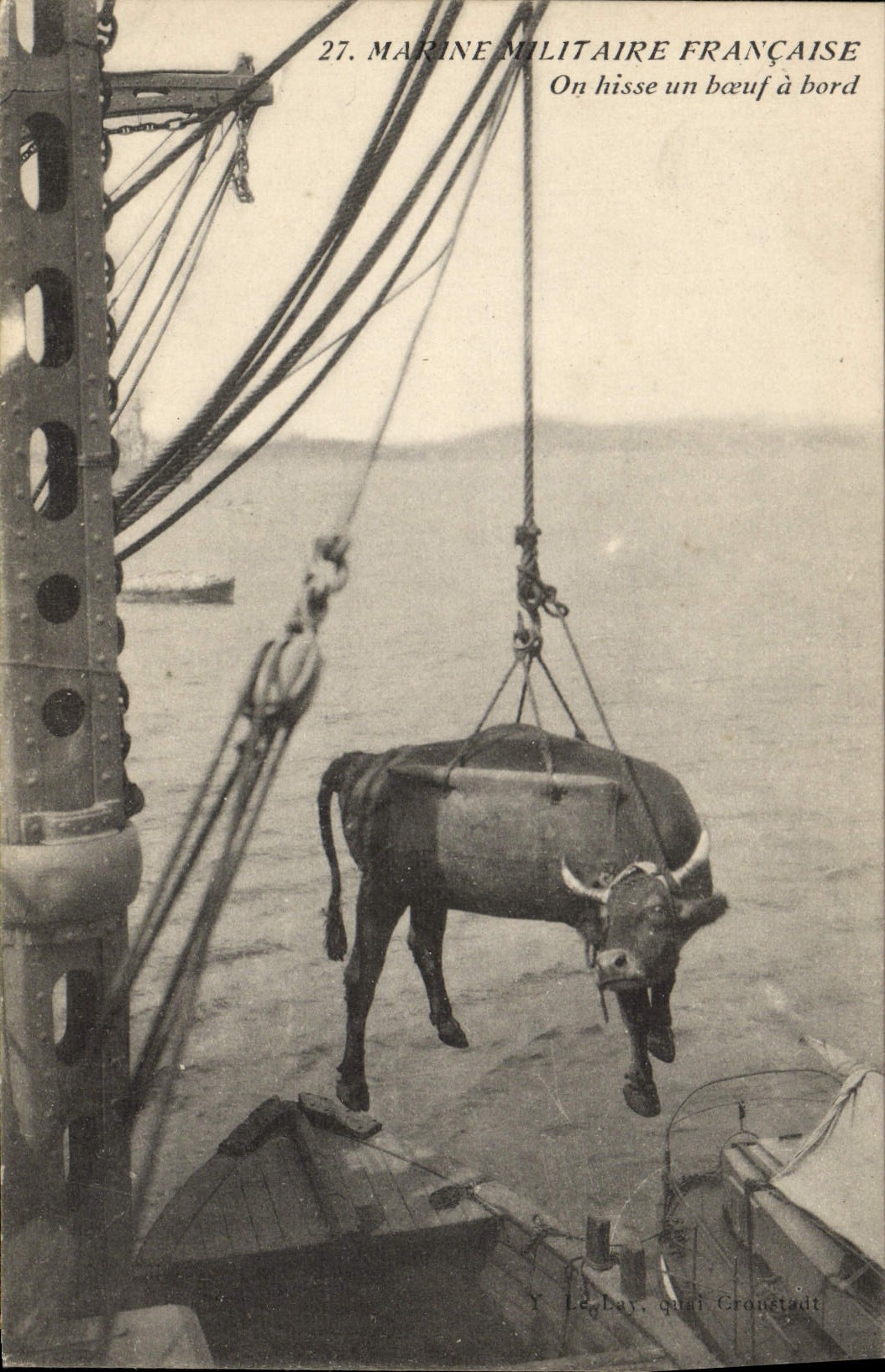 CPA Bateau Marine militaire On hisse un boeuf a bord