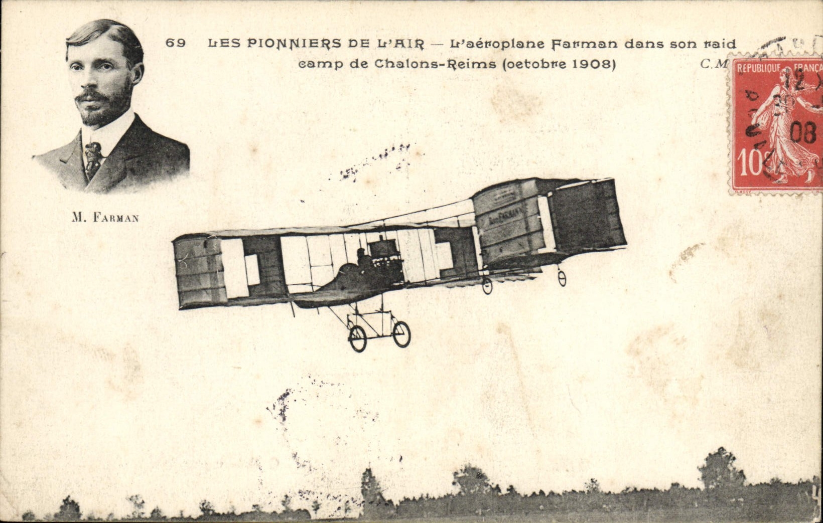 VINTAGE POSTCARD Plane Aviation the Farman airplane in its raid camp of Trawl-nets Rheims October 1908