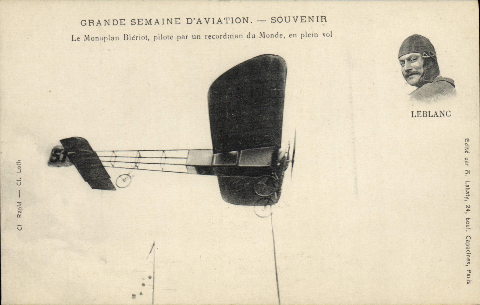 VINTAGE POSTCARD Plane Aviation Great week of aviation the monoplane Bleriot Leblanc