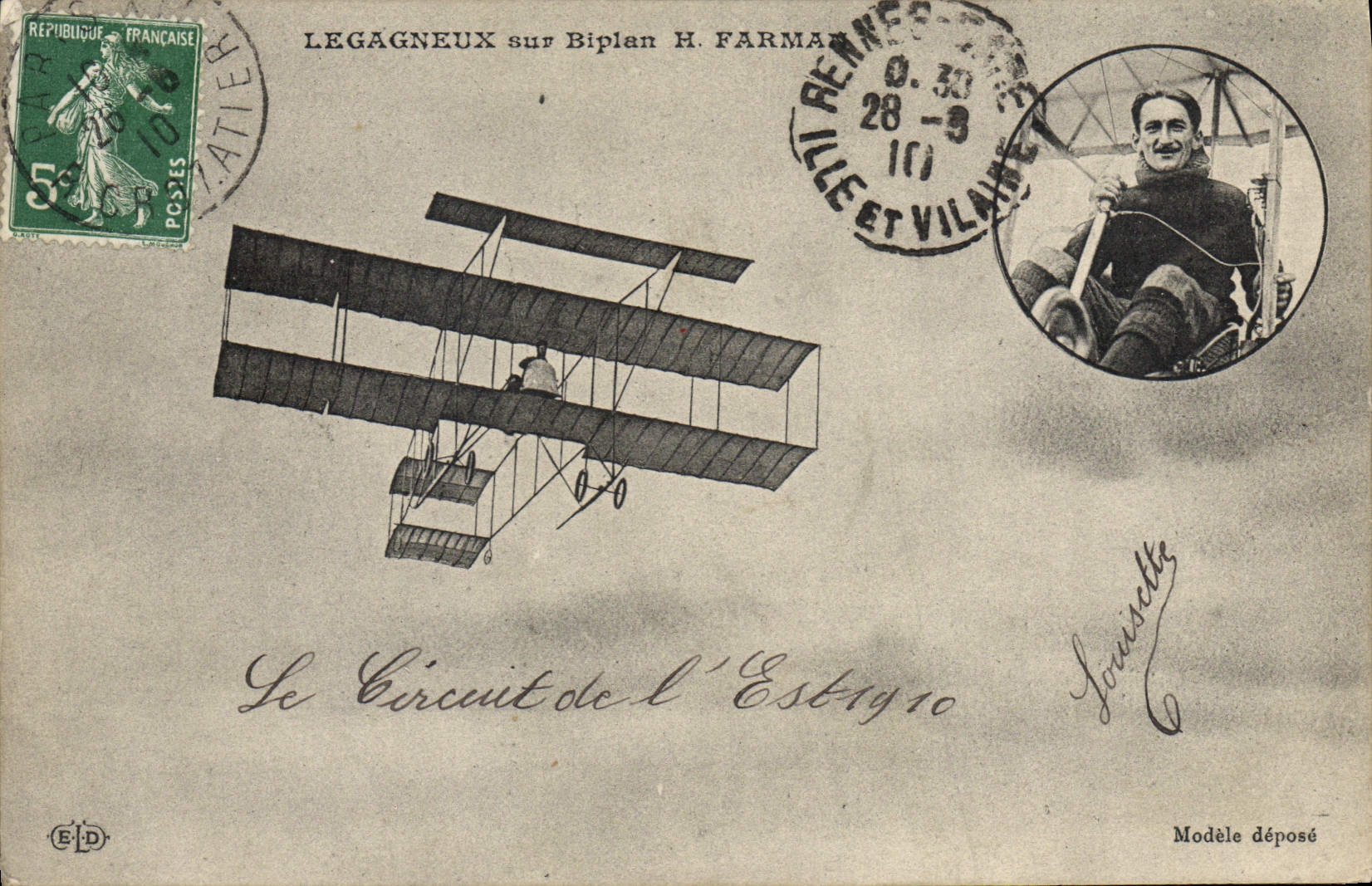 VINTAGE POSTCARD Plane Legagneux Aviation on Farman biplane