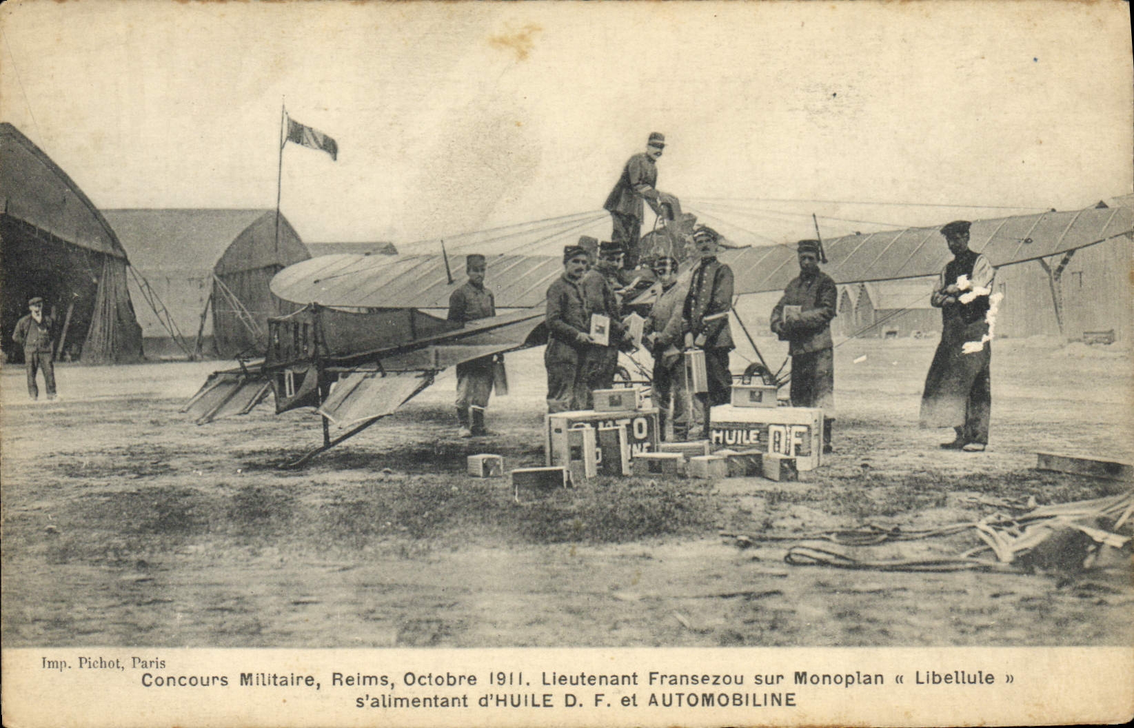VINTAGE POSTCARD Avion military Aviation Contest Rheims October 1911 Lieutenant Fransezou Monoplan Dragonfly Oils Automobiline