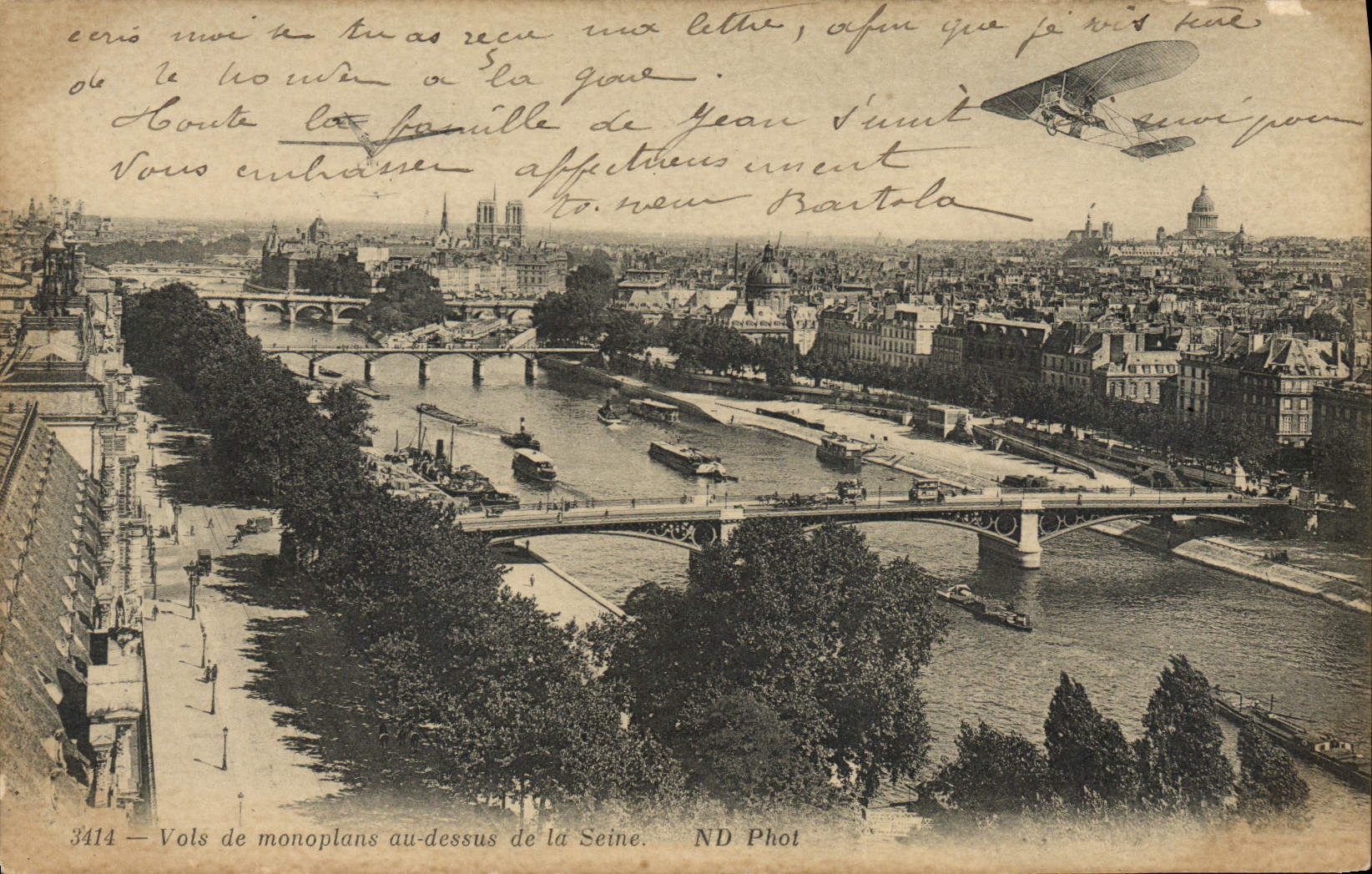 VINTAGE POSTCARD Plane Aviation Paris Flights of monoplanes to the top of the Seine