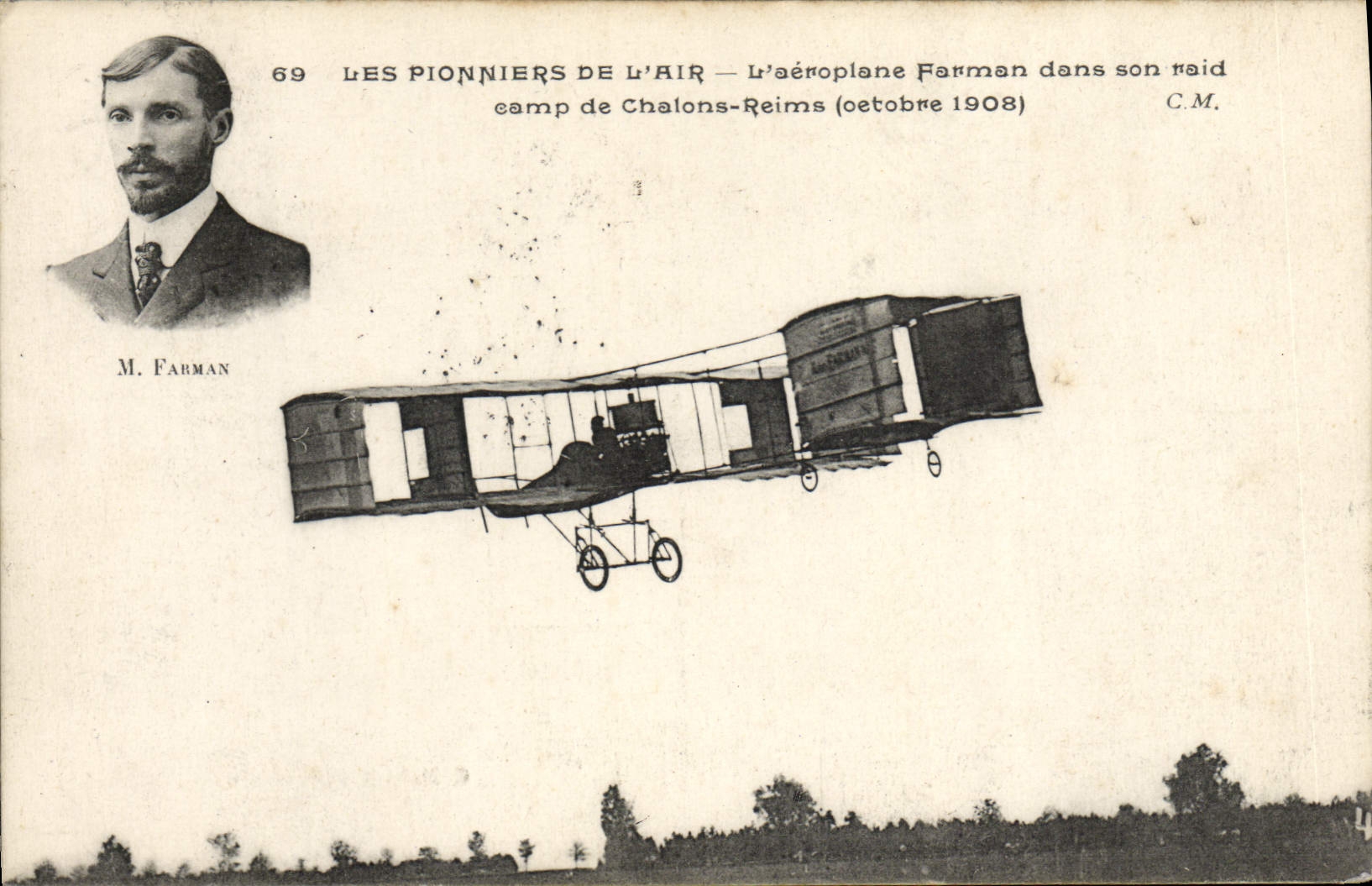 CPA Avion Aviation Aeroplane Farman dans son raid camp de Chalons Reims Octobre 1908