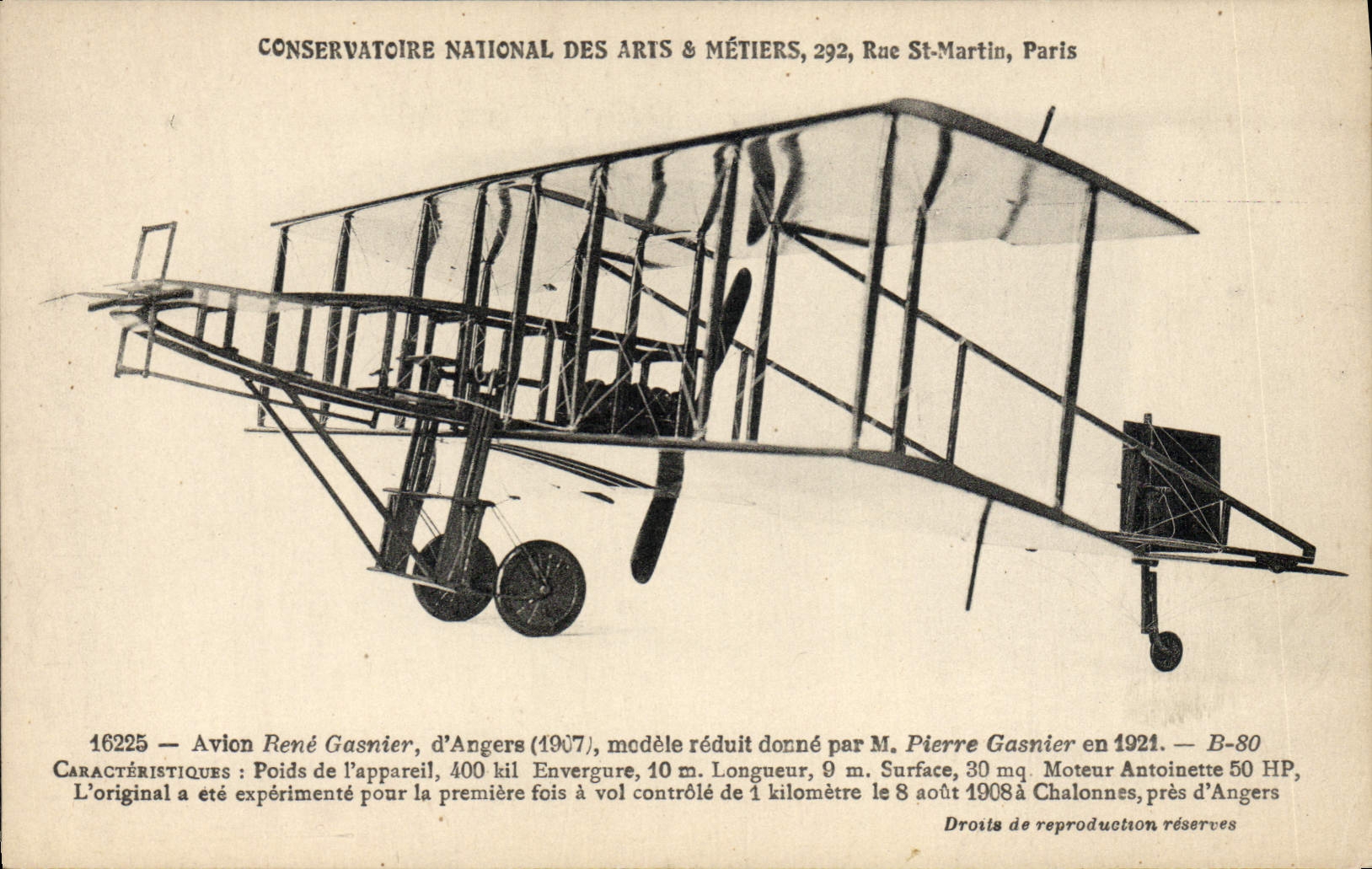 VINTAGE POSTCARD Conservatory Plane Aviation National of Arts and Trades Street Saint Martin Plane Rene Gasnier of Angers