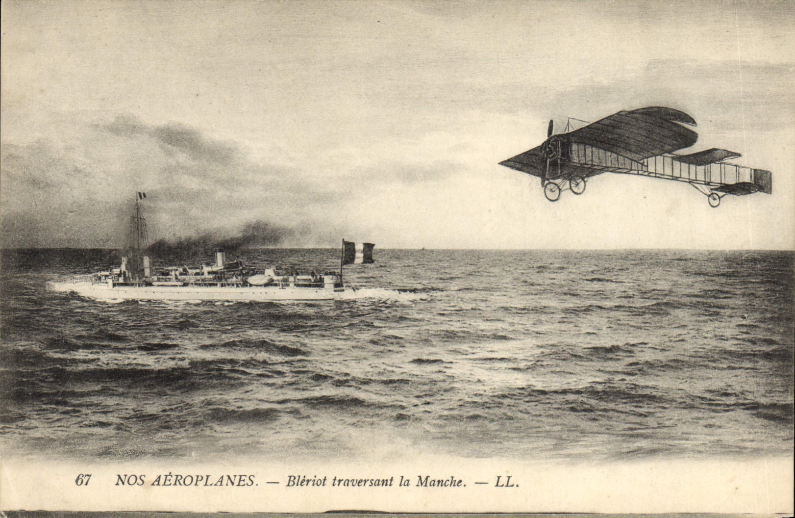VINTAGE POSTCARD Plane Bleriot Aviation crossing the English Channel Warship