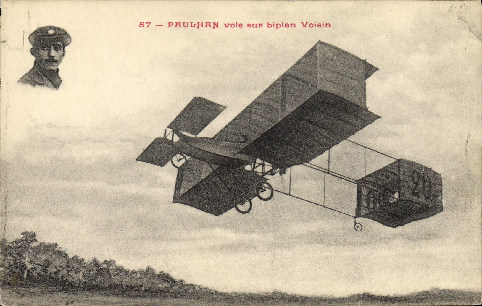 CPA Avion Aviation Paulhan vole sur son biplan Voisin