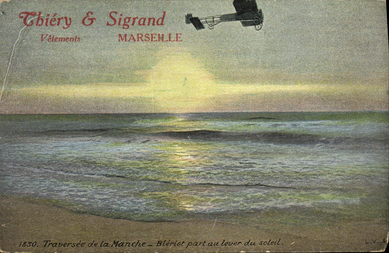 VINTAGE POSTCARD Plane Thiery Aviation & Sigrand Vetemens Marseilles Traversee of the Bleriot English Channel leaves to the rising the sun