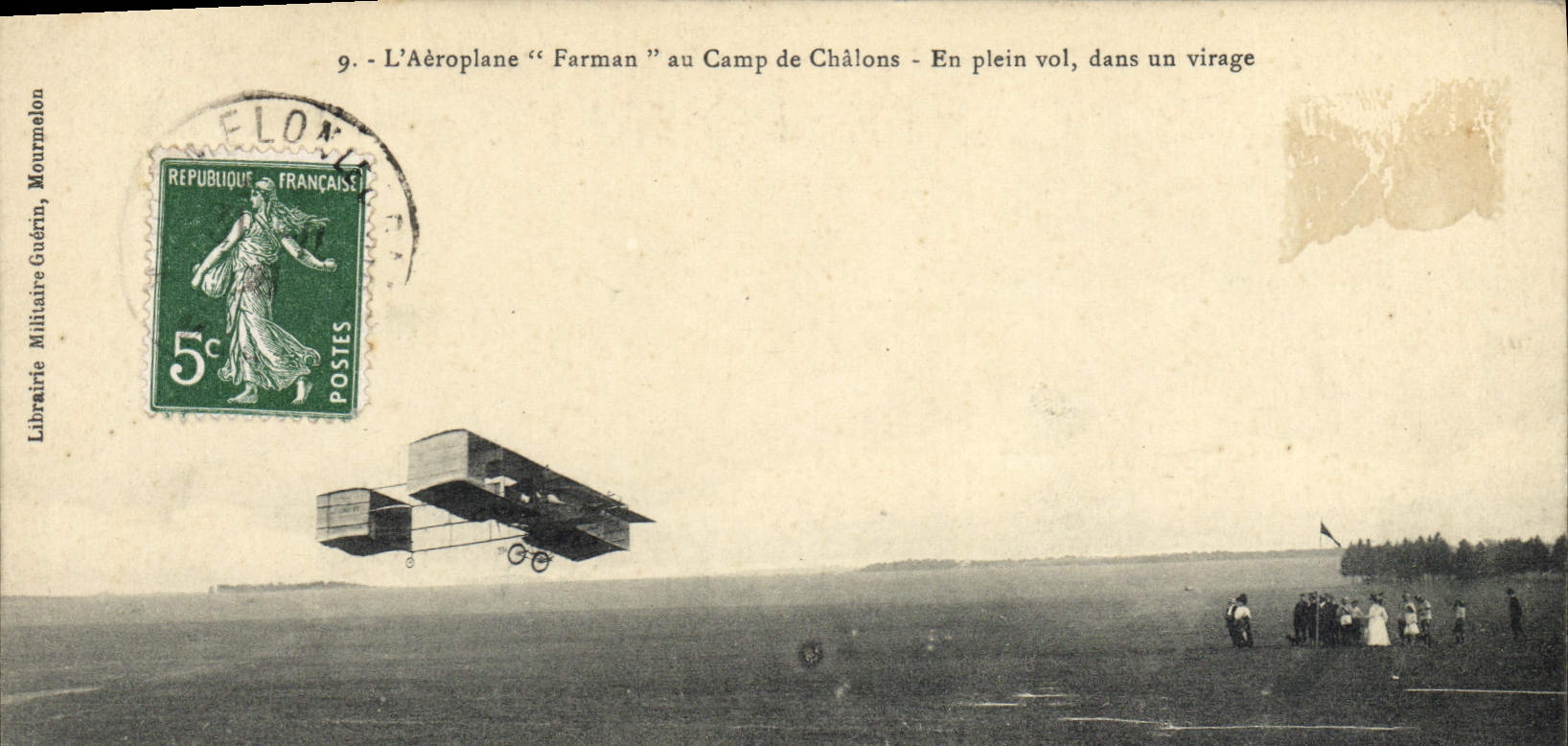 VINTAGE POSTCARD Plane Aviation Farman Airplane with the camp of Trawl-nets In full flight in a turn