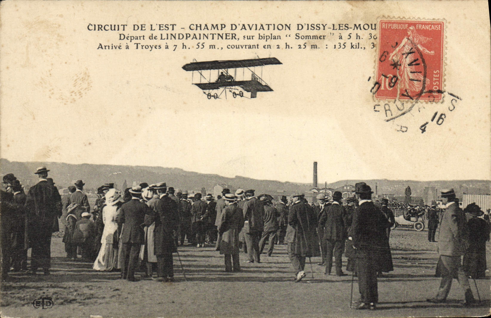 VINTAGE POSTCARD Plane Aviation Circuit of the East Airfield of Issy Moulineaux Departure of Lindpaintner