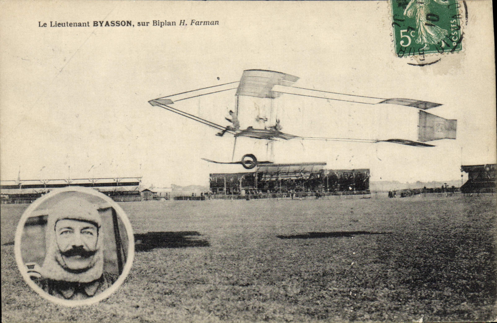VINTAGE POSTCARD Plane Aviation Lieutenant Byasson on biplane H Farman