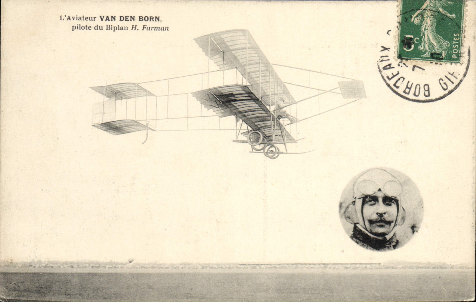 La POSTAL Avion Aviation Aviator Van Den Born de la VENDIMIA controla el biplano H Farman