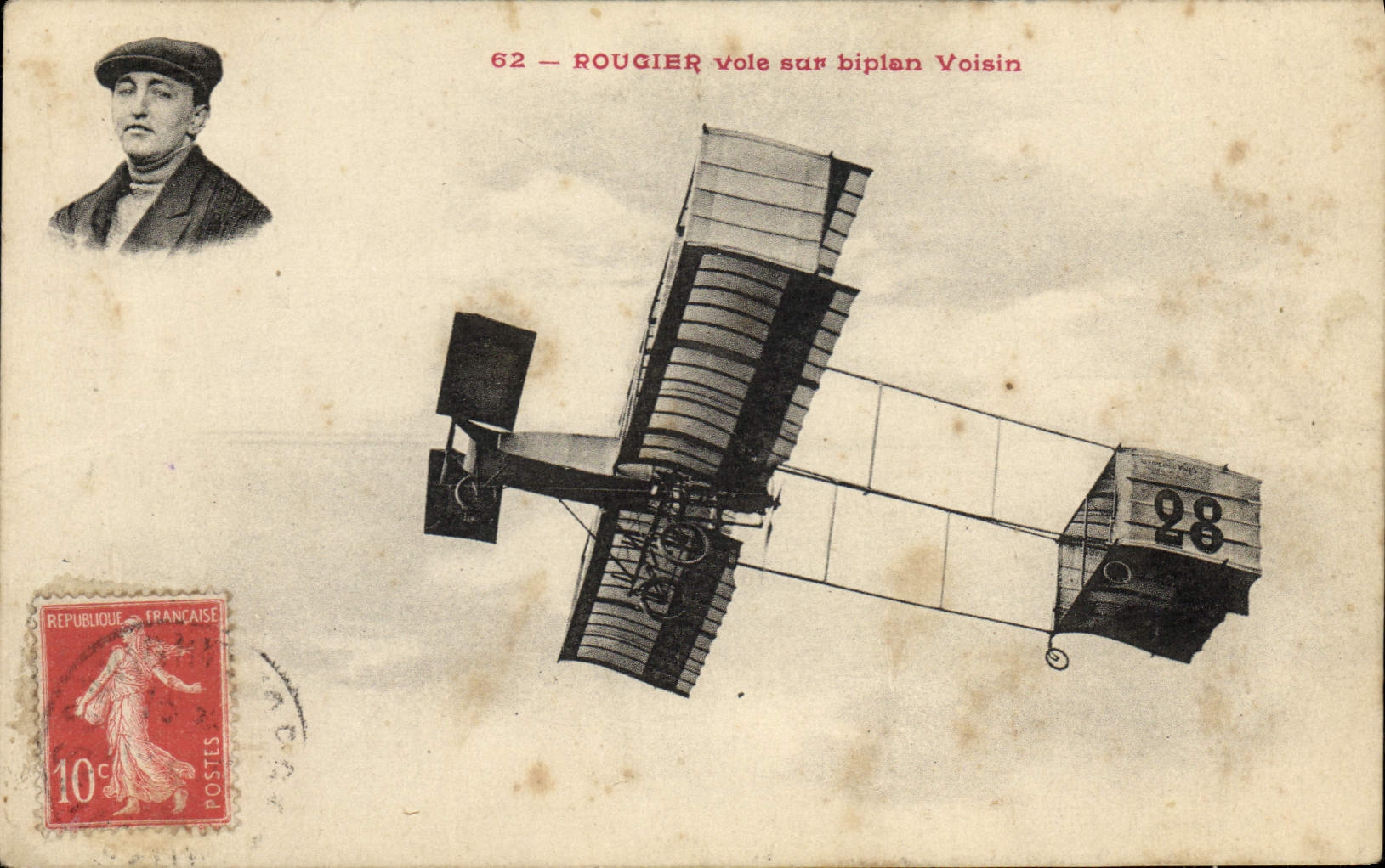 CPA Avion Aviation Rougier vole sur biplan Voisin