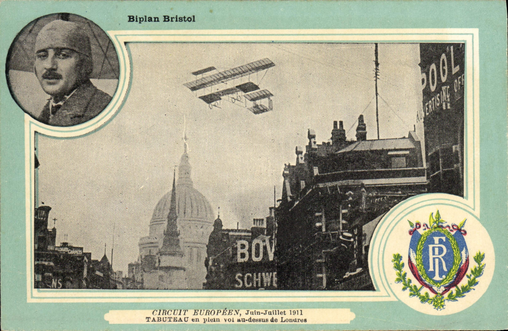VINTAGE POSTCARD Plane Aviation Biplane Bristol-board European Circuit June Tabuteau July 1911 in full flight with the top of London