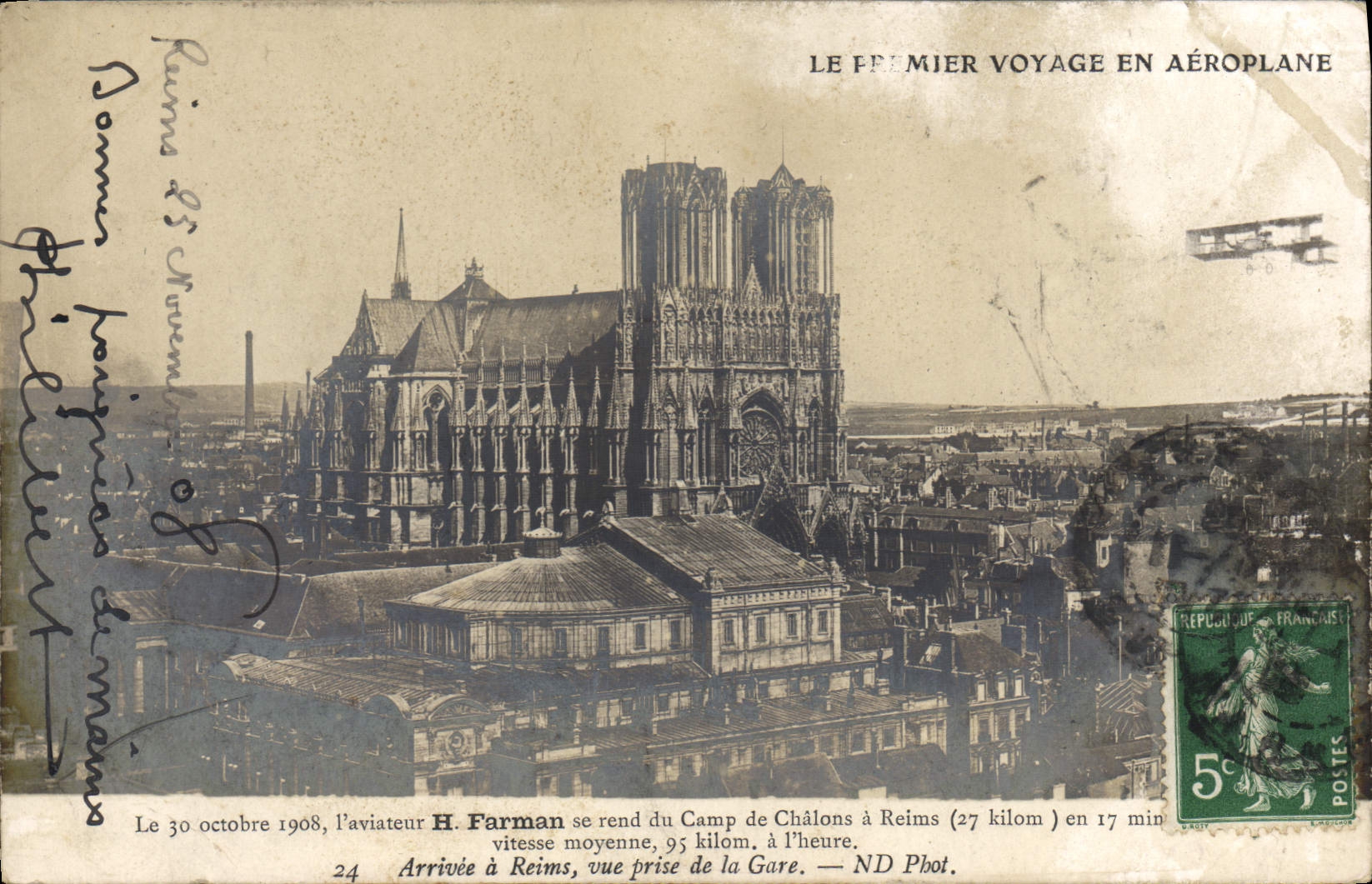 VINTAGE POSTCARD Avion Farman Aviation goes to the camp Trawl-nets Arrived has Rheims seen from station