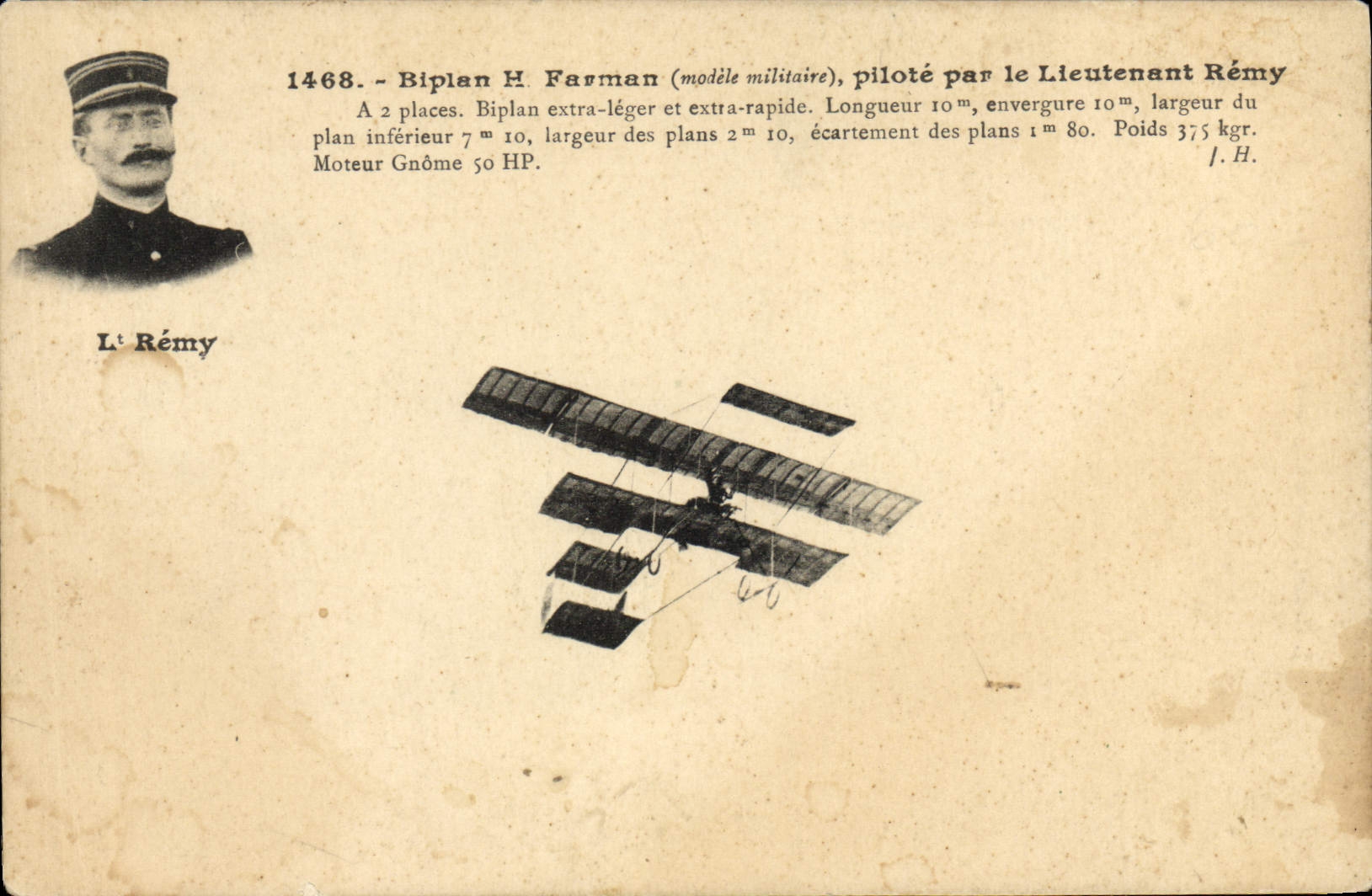 VINTAGE POSTCARD Avion Aviation Farman Biplane controls by lieutenant Remy