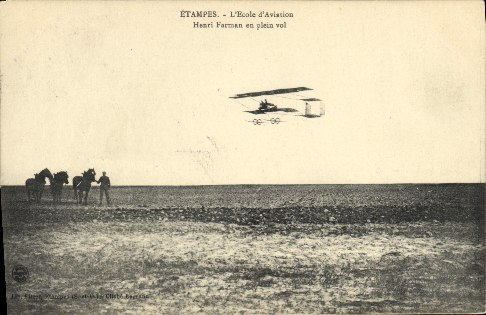 VINTAGE POSTCARD Plane Aviation Stamps the school of aviation Henri Farman in full flight