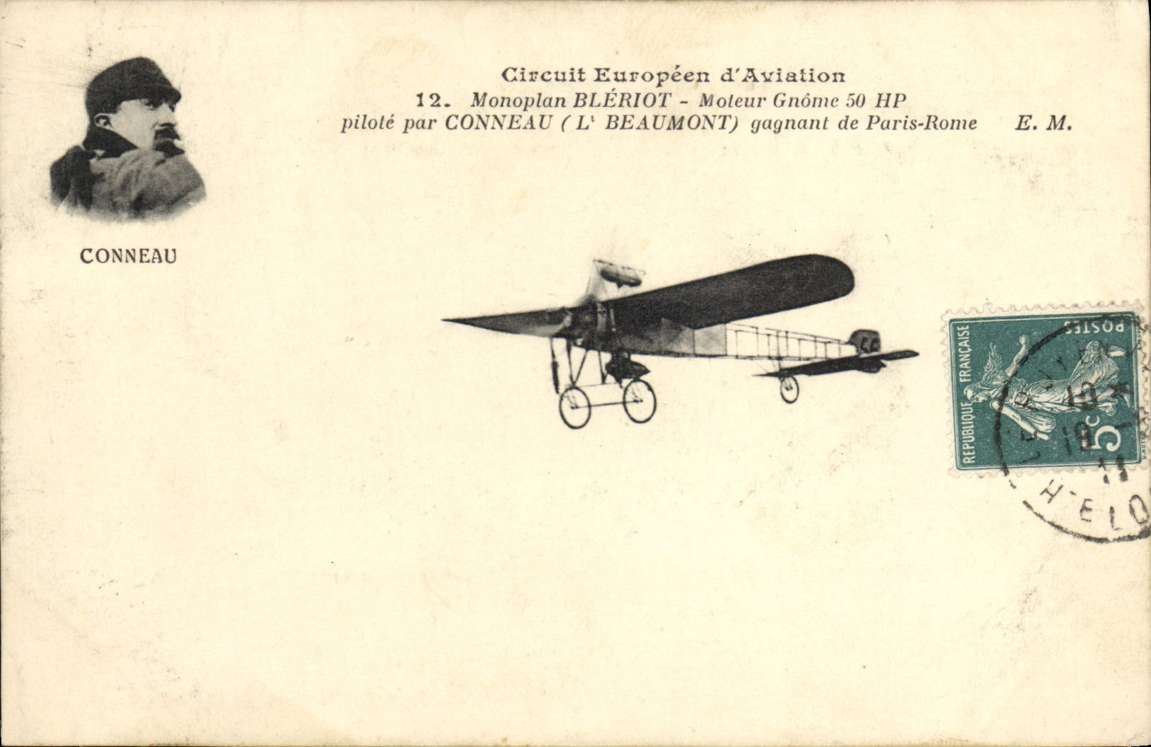 CPA Avion Aviation Circuit europeen d'aviation Monoplan Bleriot Moteur gnome Conneau gagnant de Paris Rome