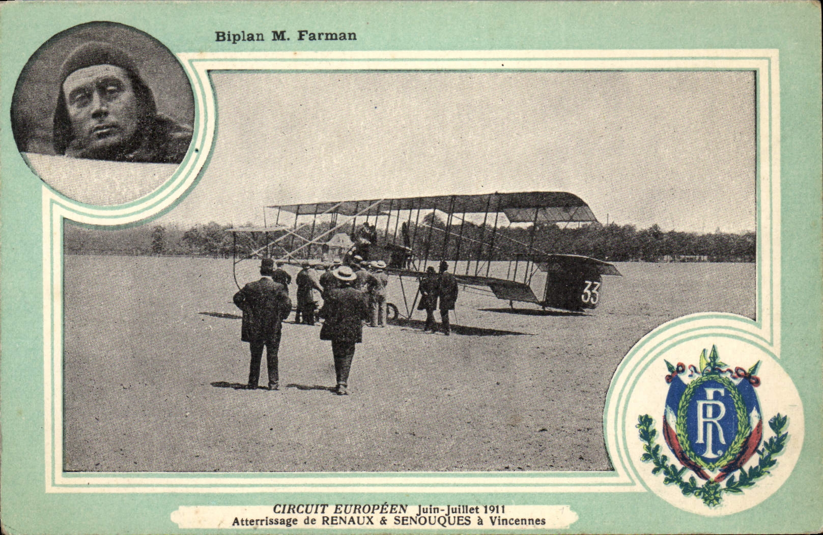 VINTAGE POSTCARD Plane Aviation Biplane Mr. Farman European Circuit June June 1911 Landing the Renal ones & Senouques has Vincennes