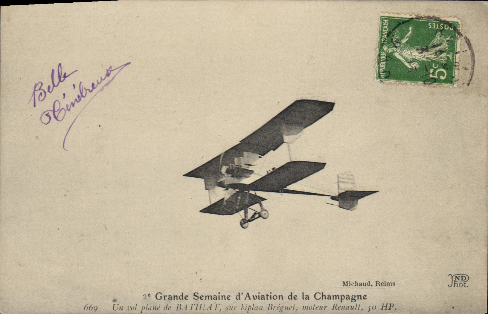 CPA Avion Aviation 2eme grande semaine d'aviation de la Champagne Un vol plané de Bathiat biplan Breguet moteur Renault