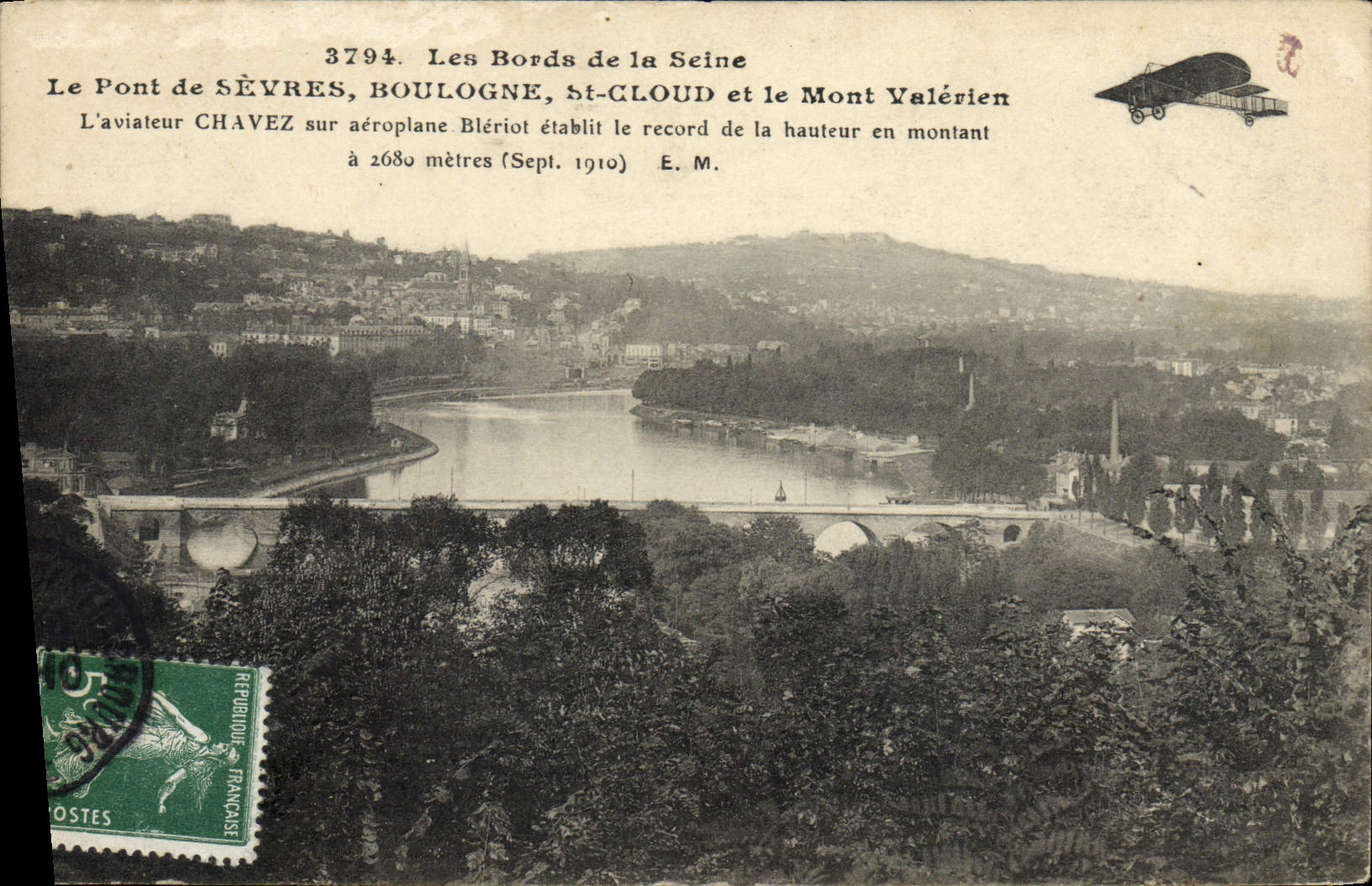 CPA Avion Aviation Bords de la Seine Le pont de Sevres Boulogne St Cloud et le Mont Valerien Aviateur Chavez Bleriot