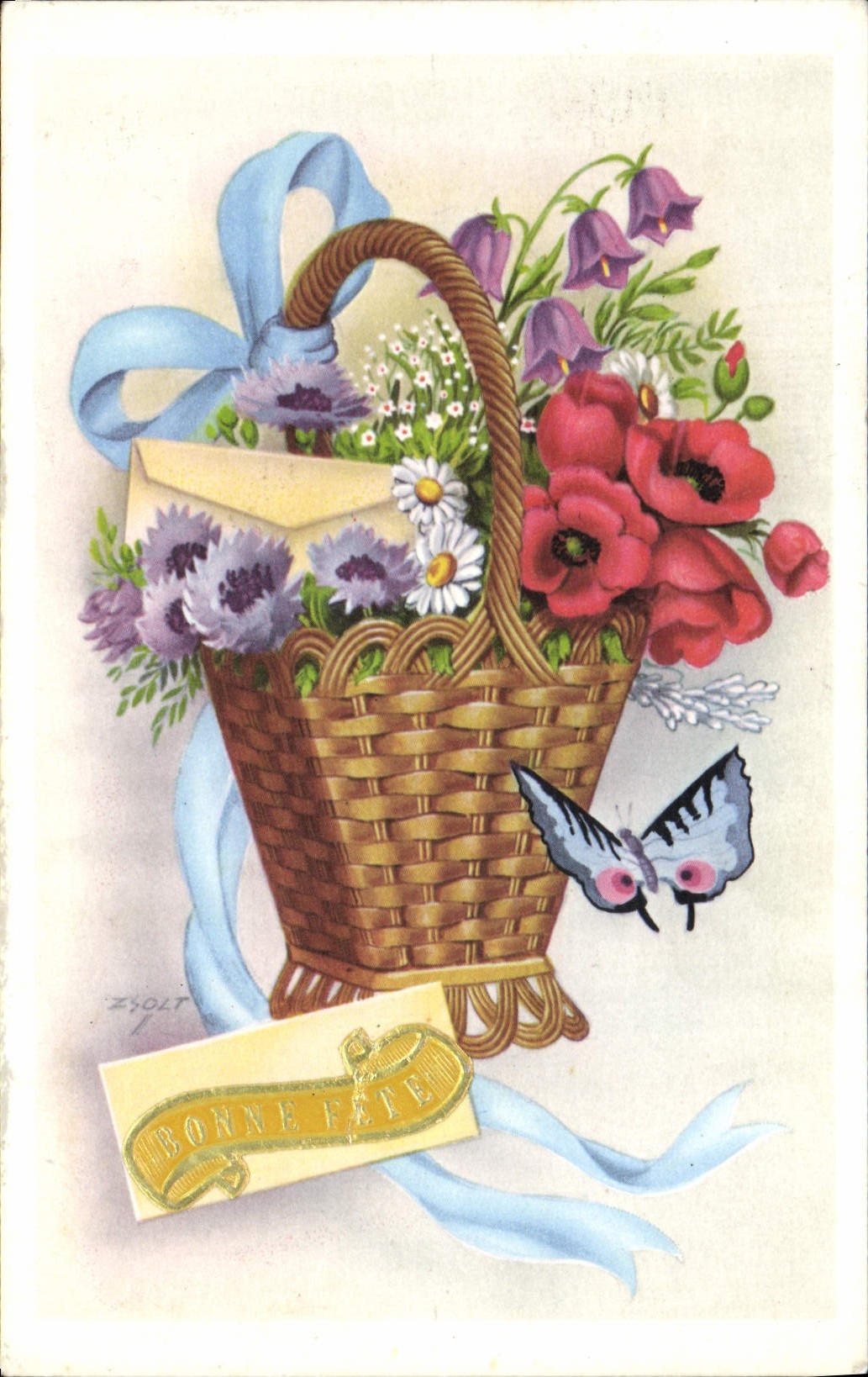 CPA Fantaisie Fleurs Papillon