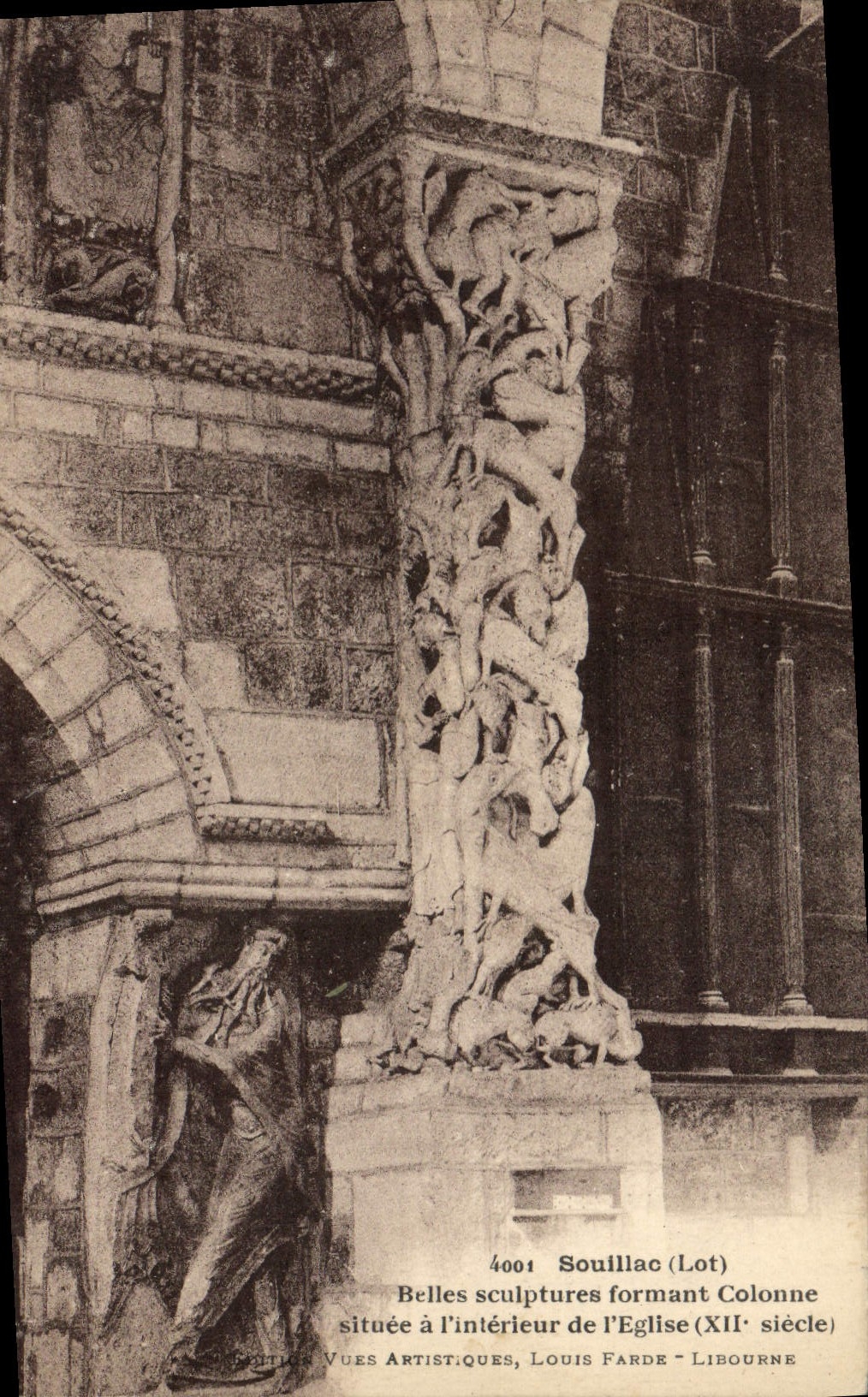 VINTAGE POSTCARD Souillac Beautiful Sculptures Forming Column situee inside the church