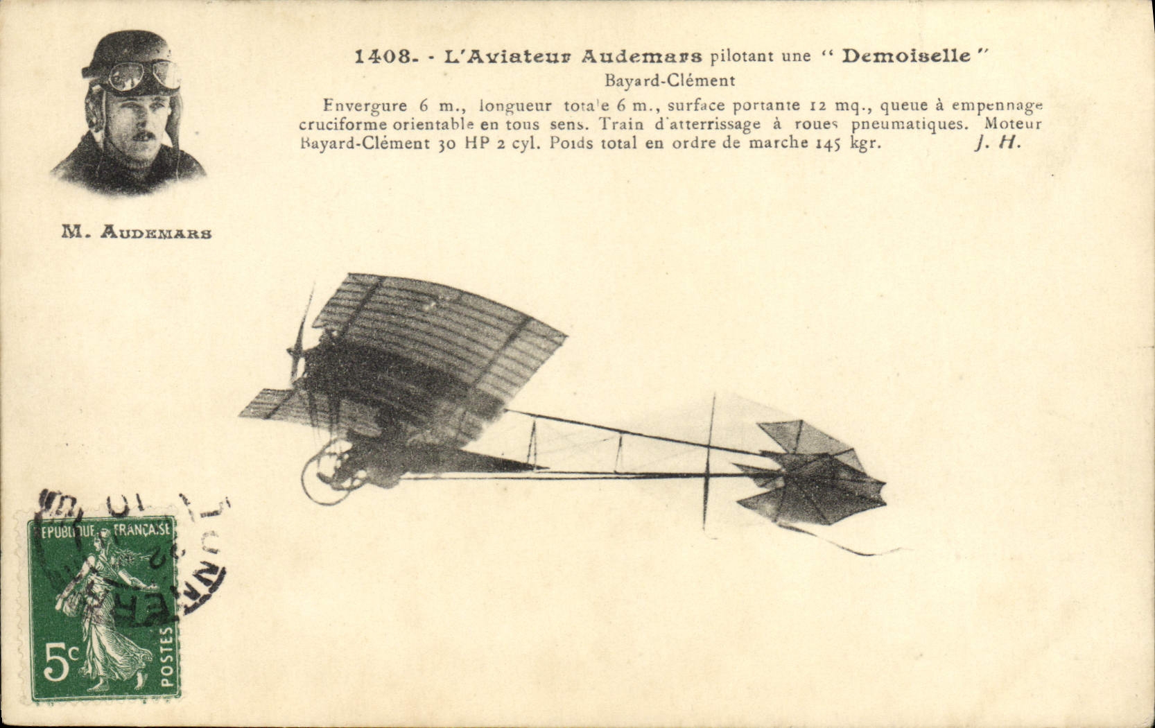 CPA Avion Aviation Aviateur Audemars pilotant une Demoiselle Bayard Clement 