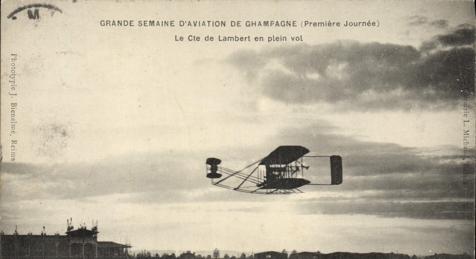 VINTAGE POSTCARD Plane Aviation Great week of Champagne aviation First day the Count Lambert in full flight
