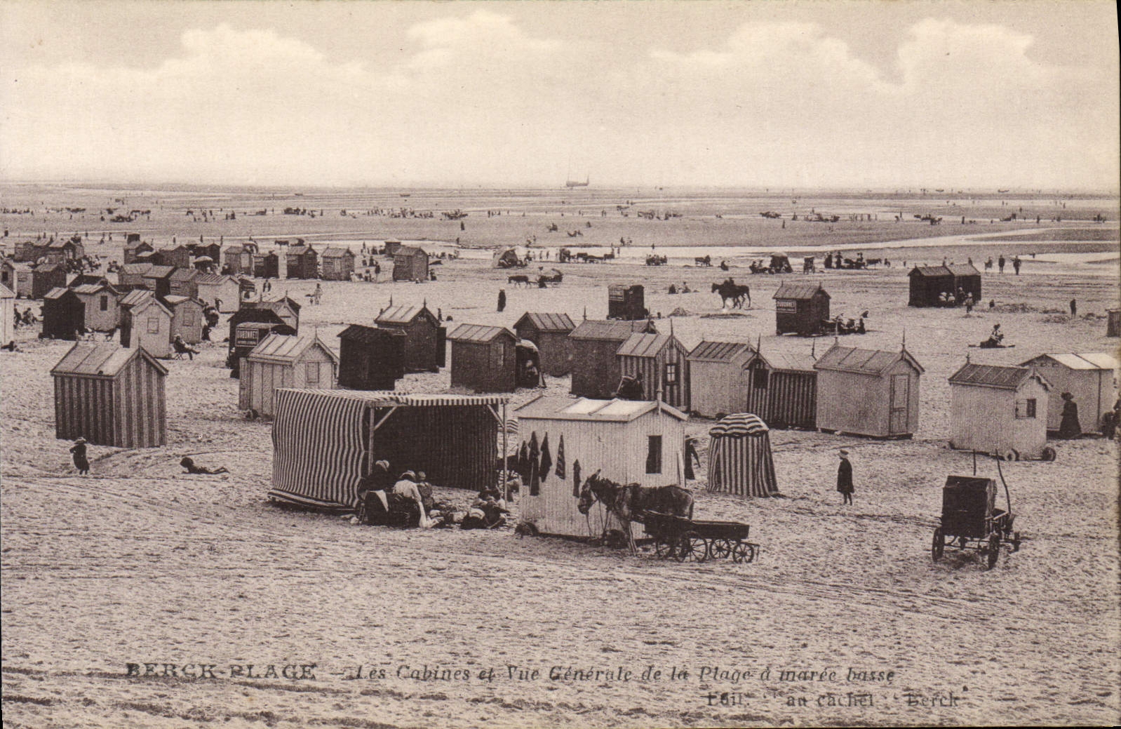 VINTAGE POSTCARD Berck Beach the Cabins And View of the beach has low tide