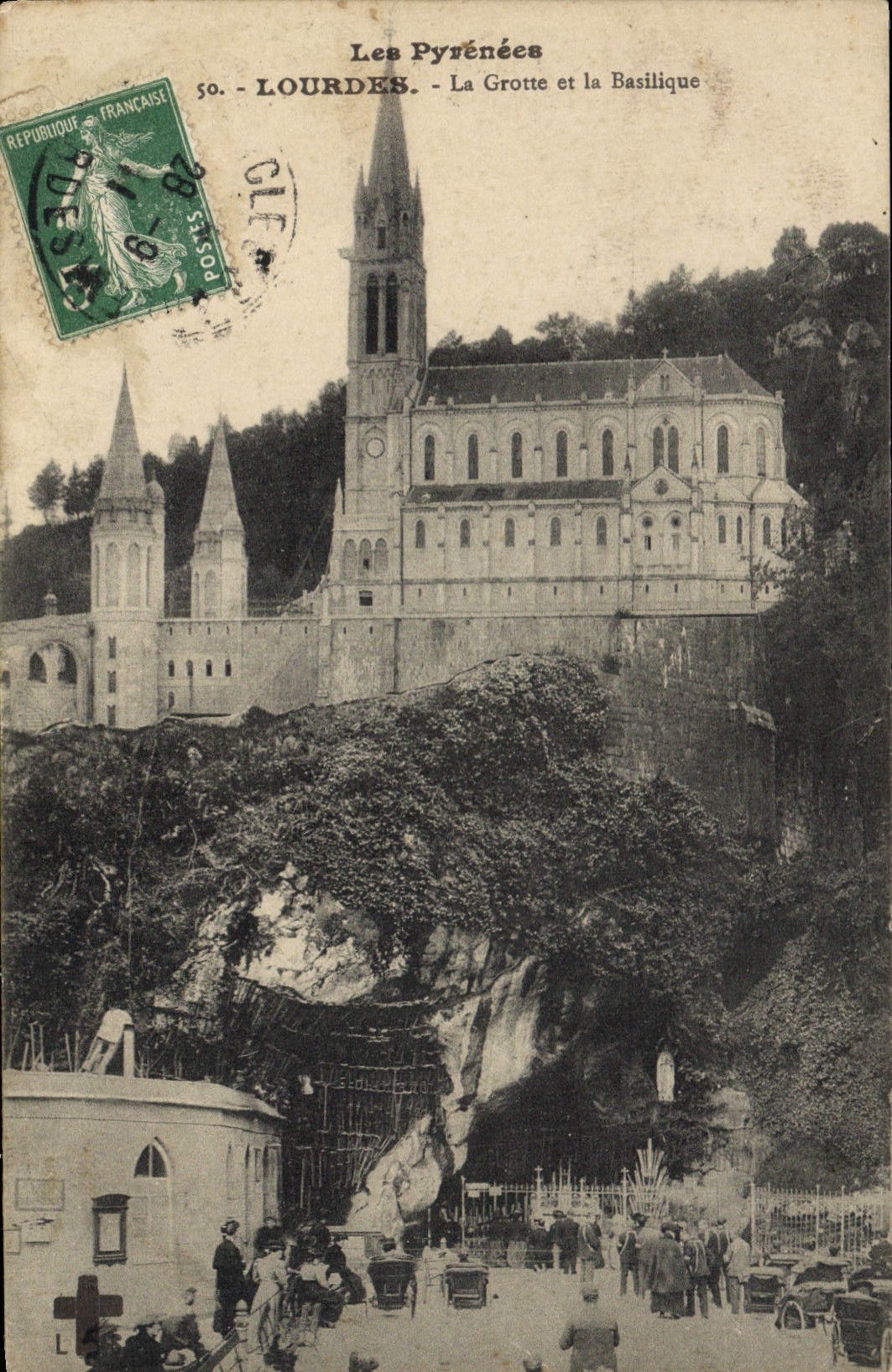 VINTAGE POSTCARD Purenees Doors the Cave And the Basilica