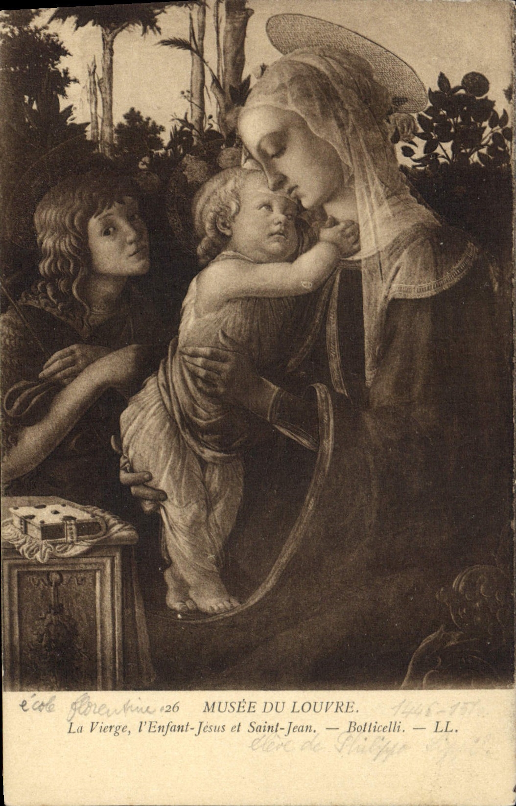 VINTAGE POSTCARD Paris Museum of Louvre the Virgin the child Jesus and Saint Jean Botticelli