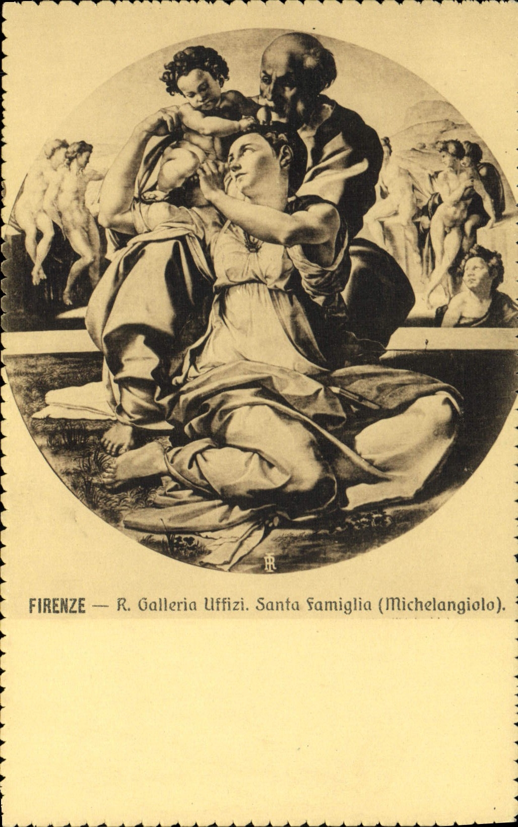 VINTAGE POSTCARD Firenze R Galleria Uffizi Santa Famiglia Michelangiolo