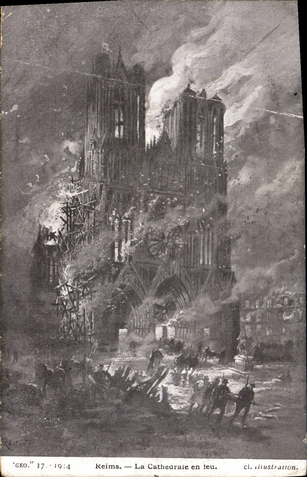 POSTAL Reims de la VENDIMIA la catedral en el fuego