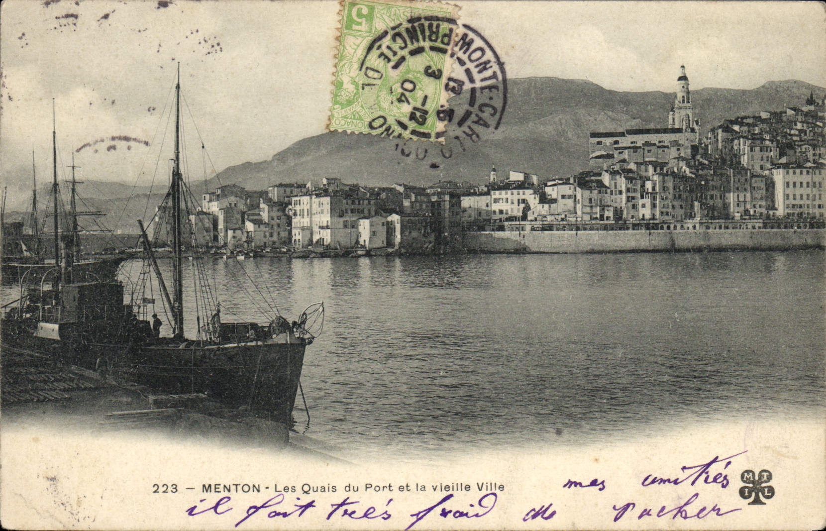 De la VENDIMIA de la POSTAL muelles Menton del puerto y de la ciudad vieja del barco