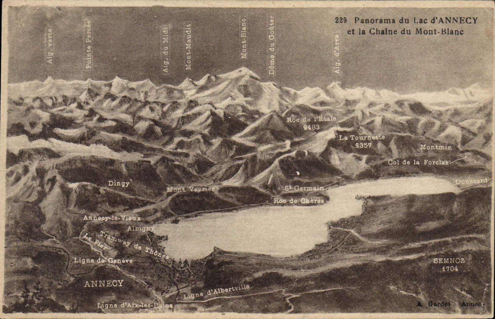 VINTAGE POSTCARD Panorama of the Annecy Lake and the Chain of Mont Blanc