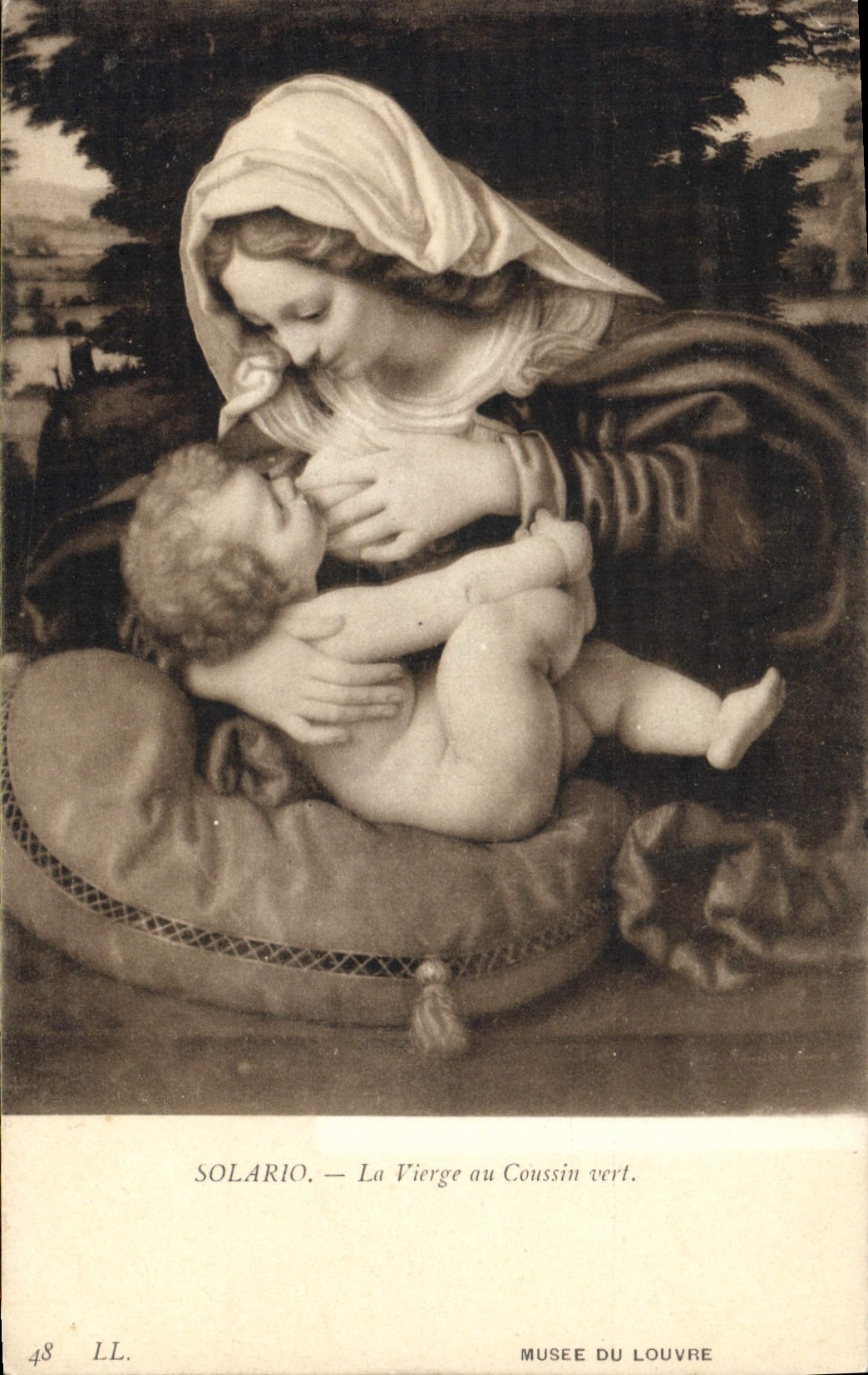 VINTAGE POSTCARD Solario the Virgin with the Green Cushion Paris Museum of Louvre