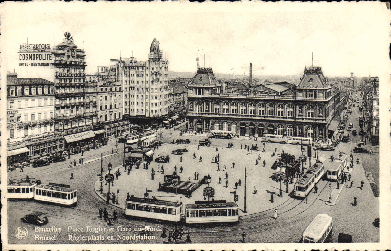 VINTAGE POSTCARD Brussels Places Rogier and Gare Of North Tram