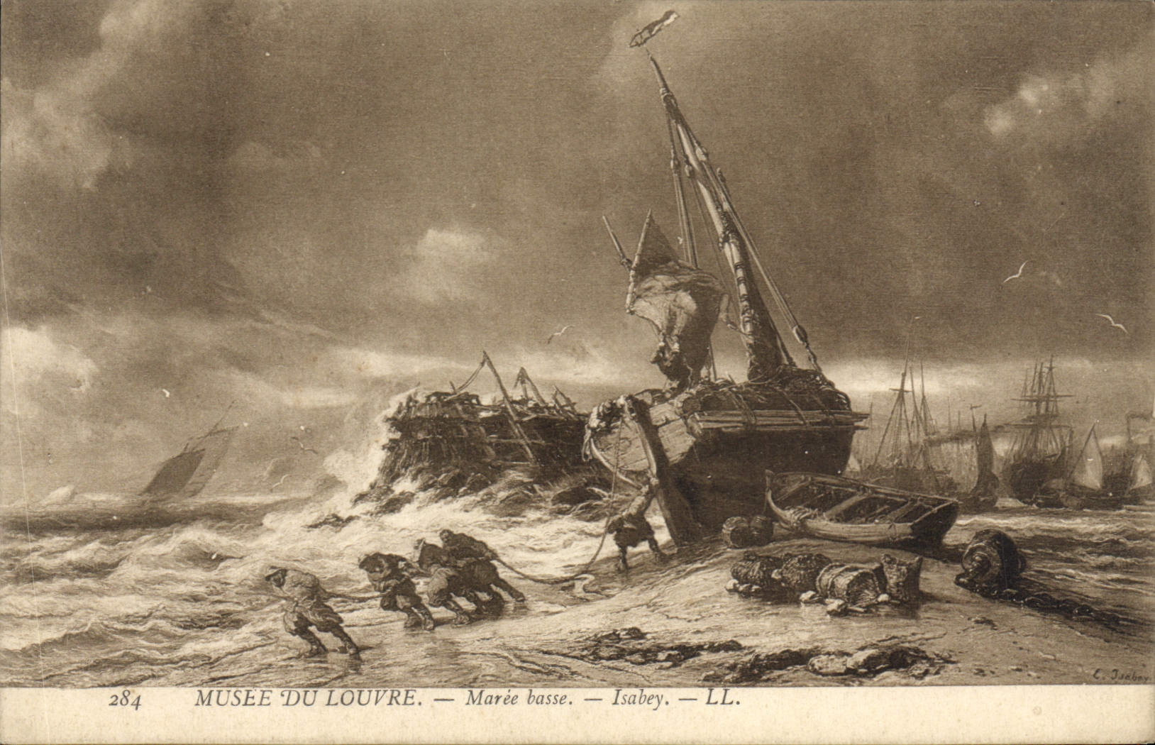 VINTAGE POSTCARD Museum Of Louvre Low tide Isabey Boat