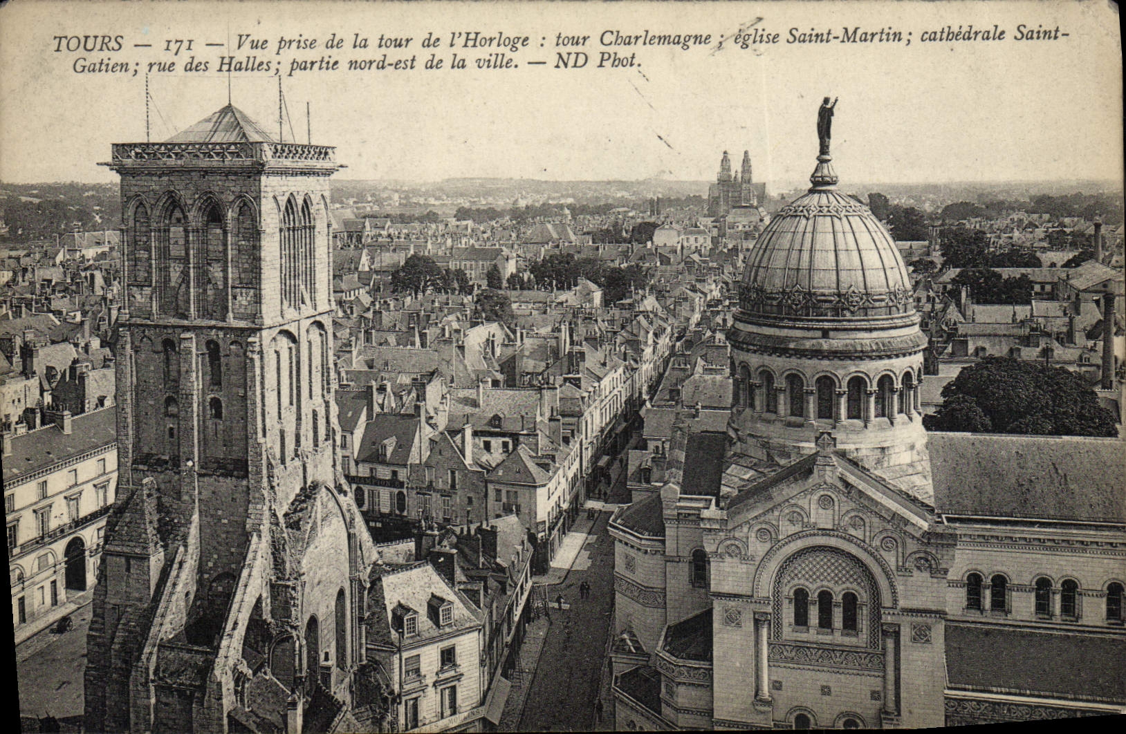 VINTAGE POSTCARD Tours Seen from Of the Tower De I' Horloge Tower Charlemagne Church Saint Holy Martin Cathedral Gatien