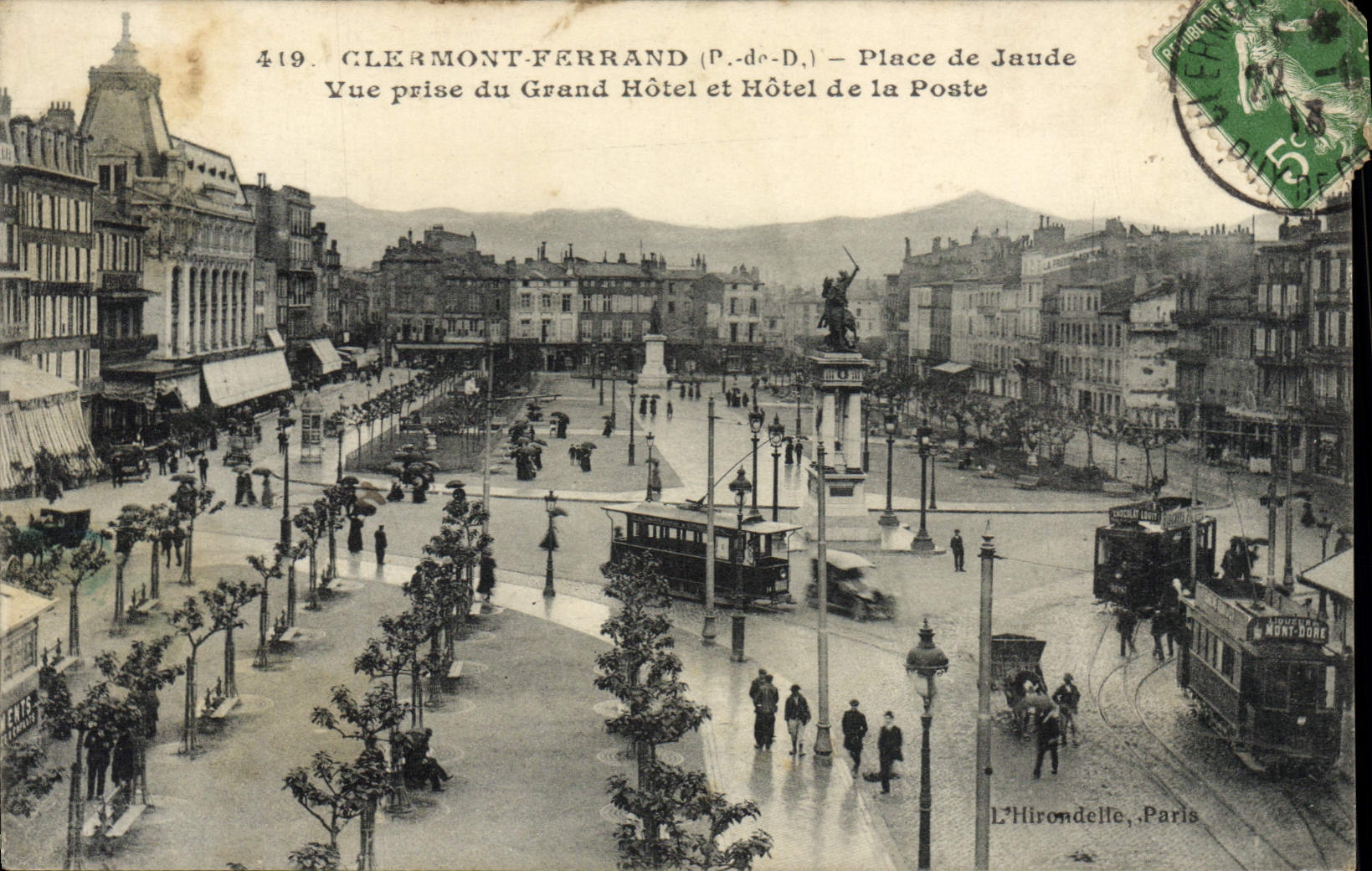 VINTAGE POSTCARD Clermont Ferrand Places of Jaude Seen from of the Large Hotel and Post office building Tram