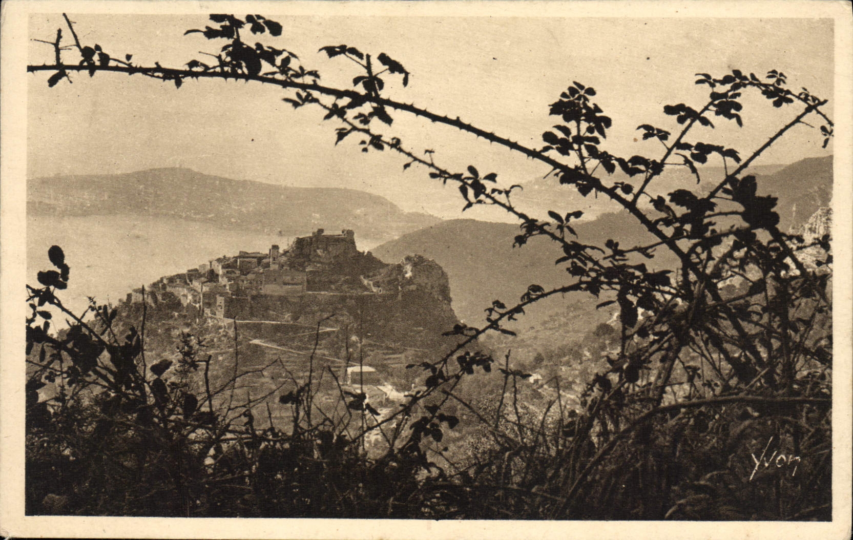 POSTAL Eze de la VENDIMIA la aldea vista a través de los árboles de mora