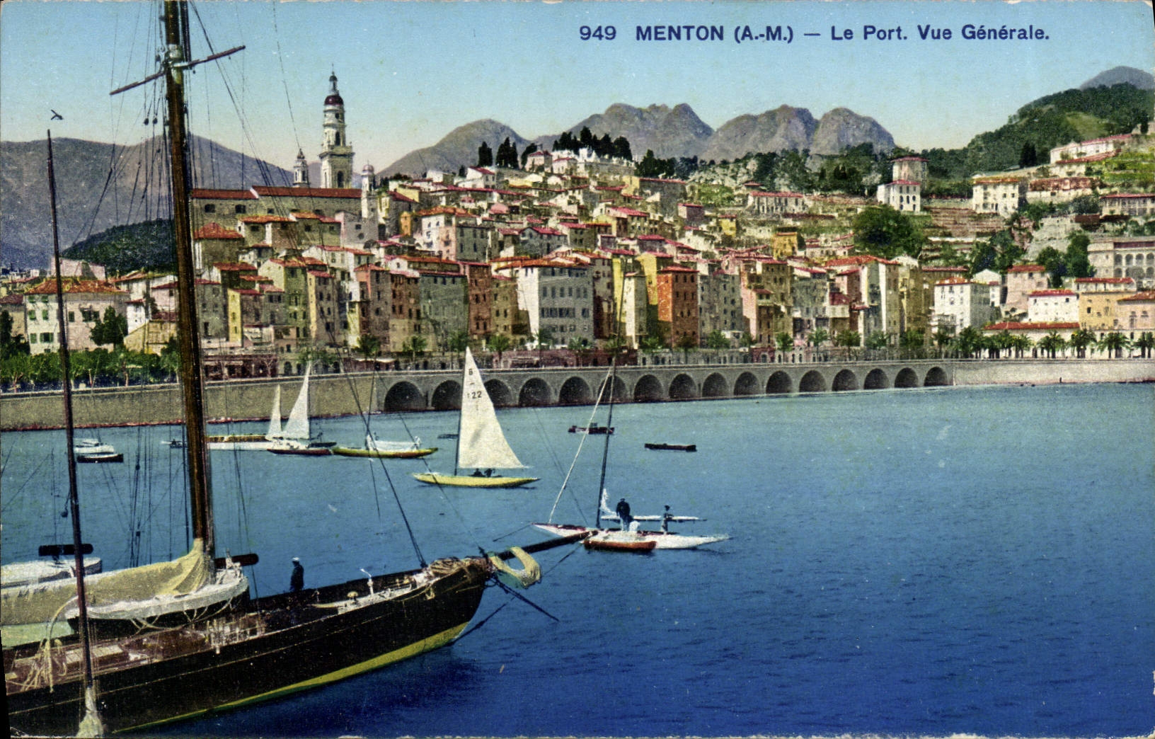 POSTAL de la VENDIMIA Menton el barco portuario de la visión